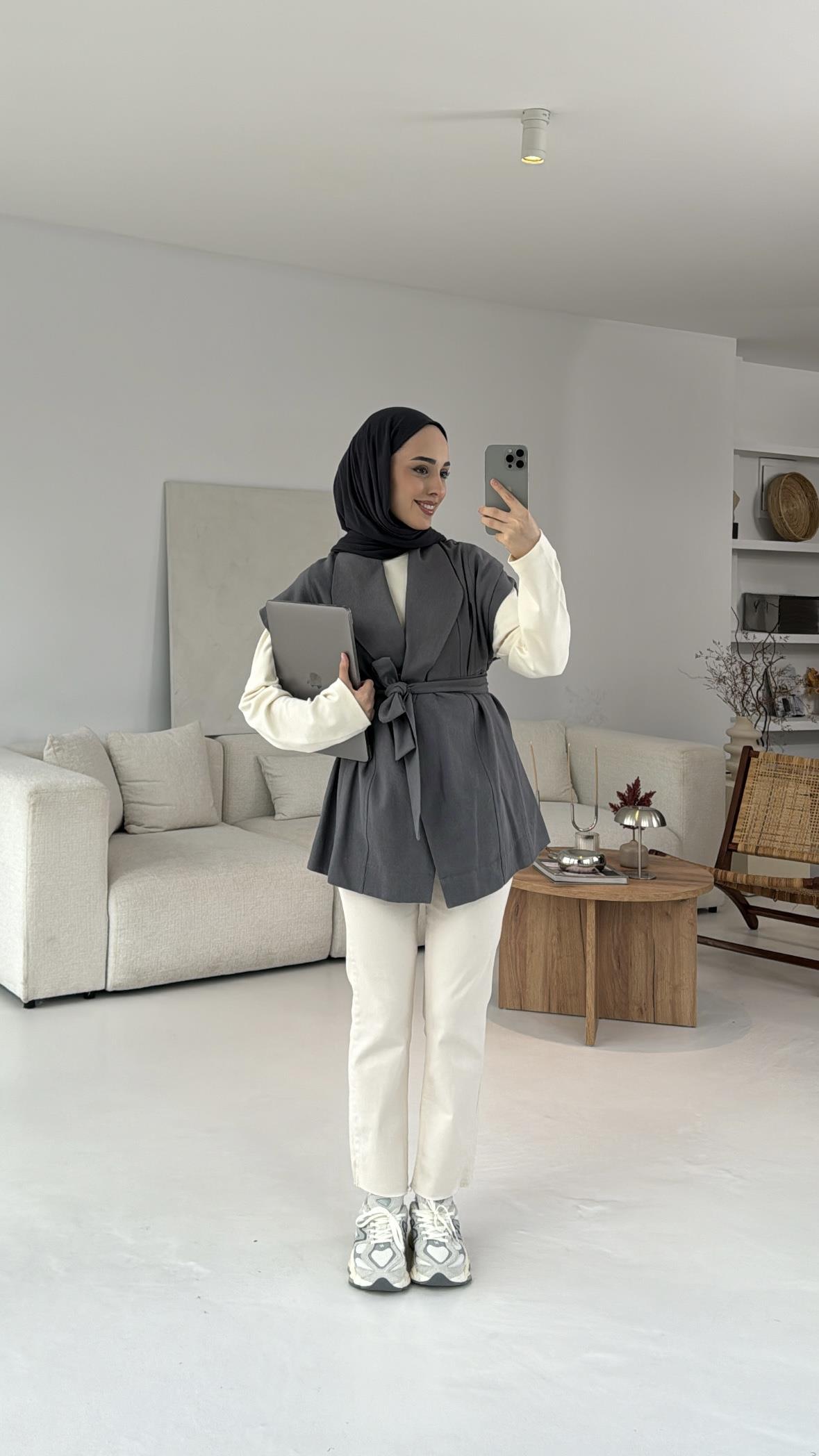 Pamuklu Gabardin Bağlamalı Yelek Gri