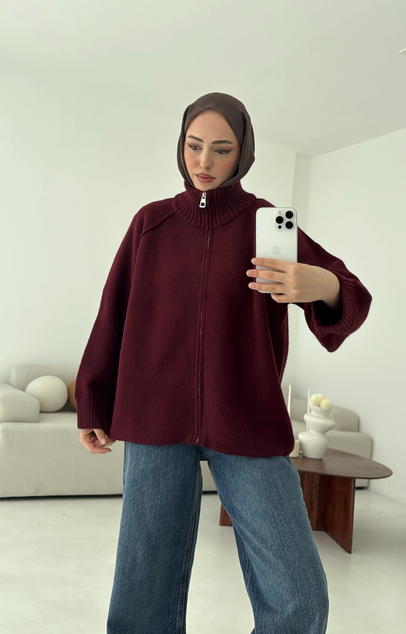 Fermuarlı Şardonlu Hırka Bordo