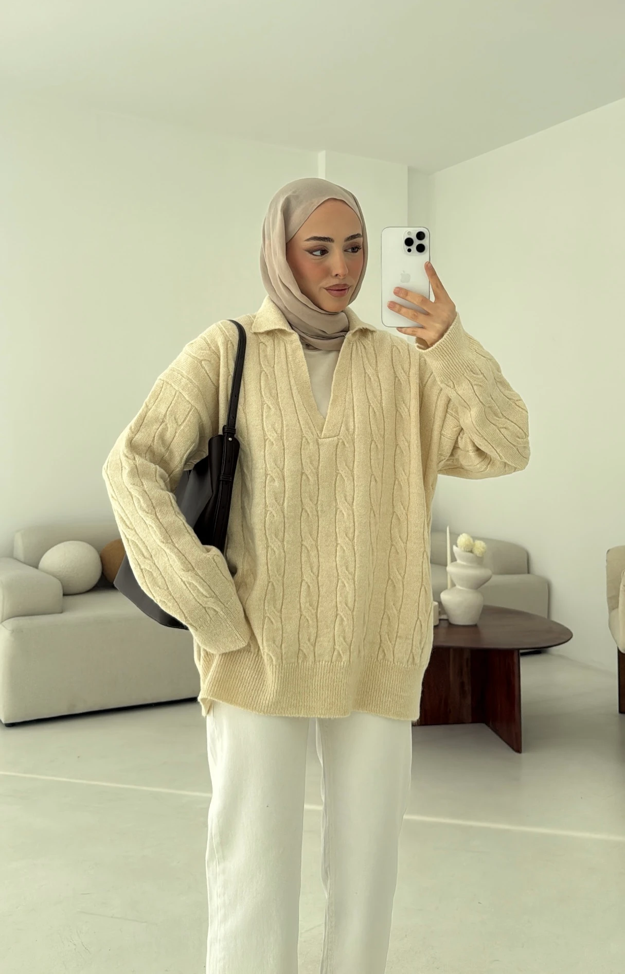 Polo Yaka Örgü Kazak Krem