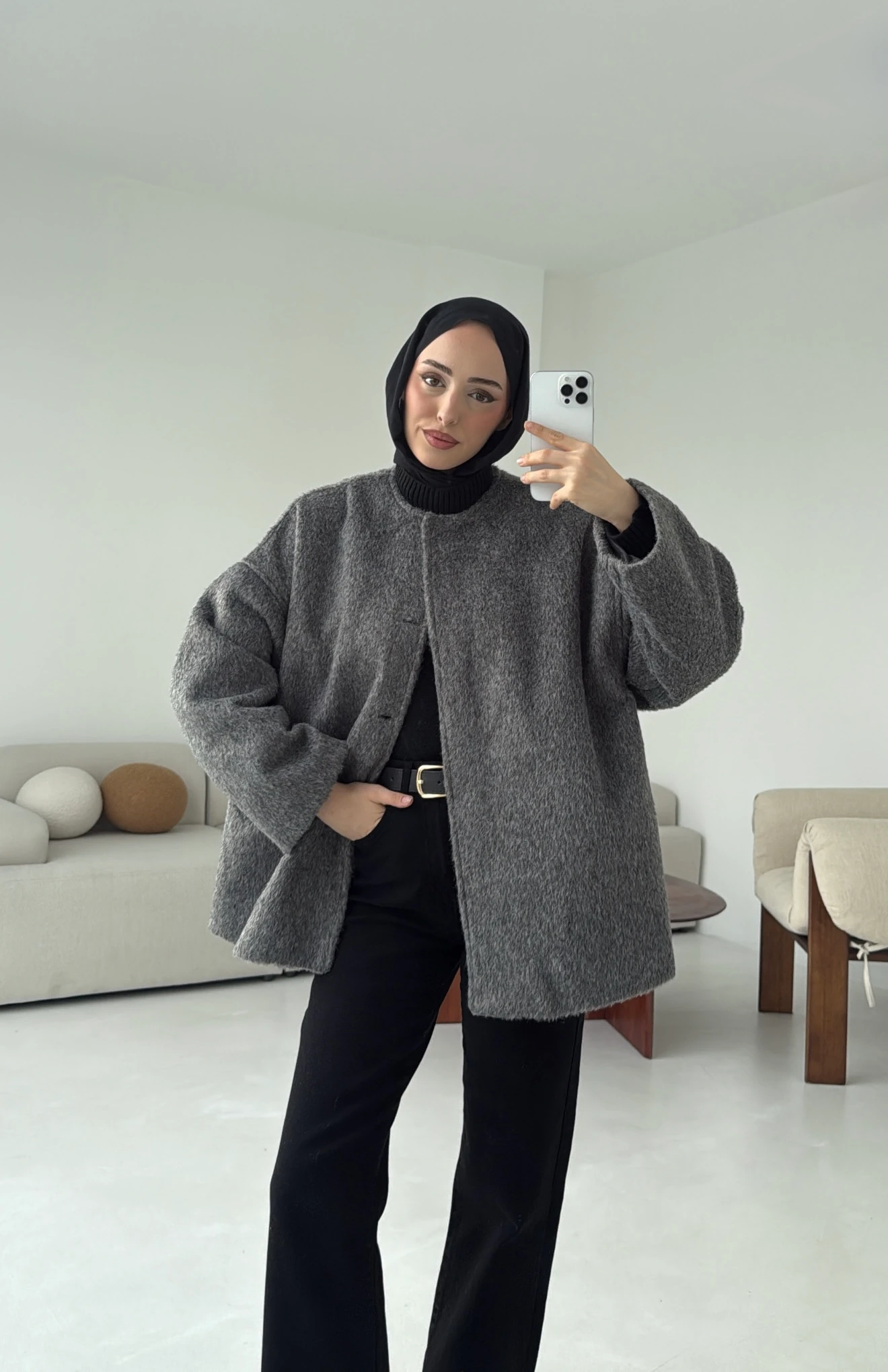 Gizli Düğmeli Kaban Gri