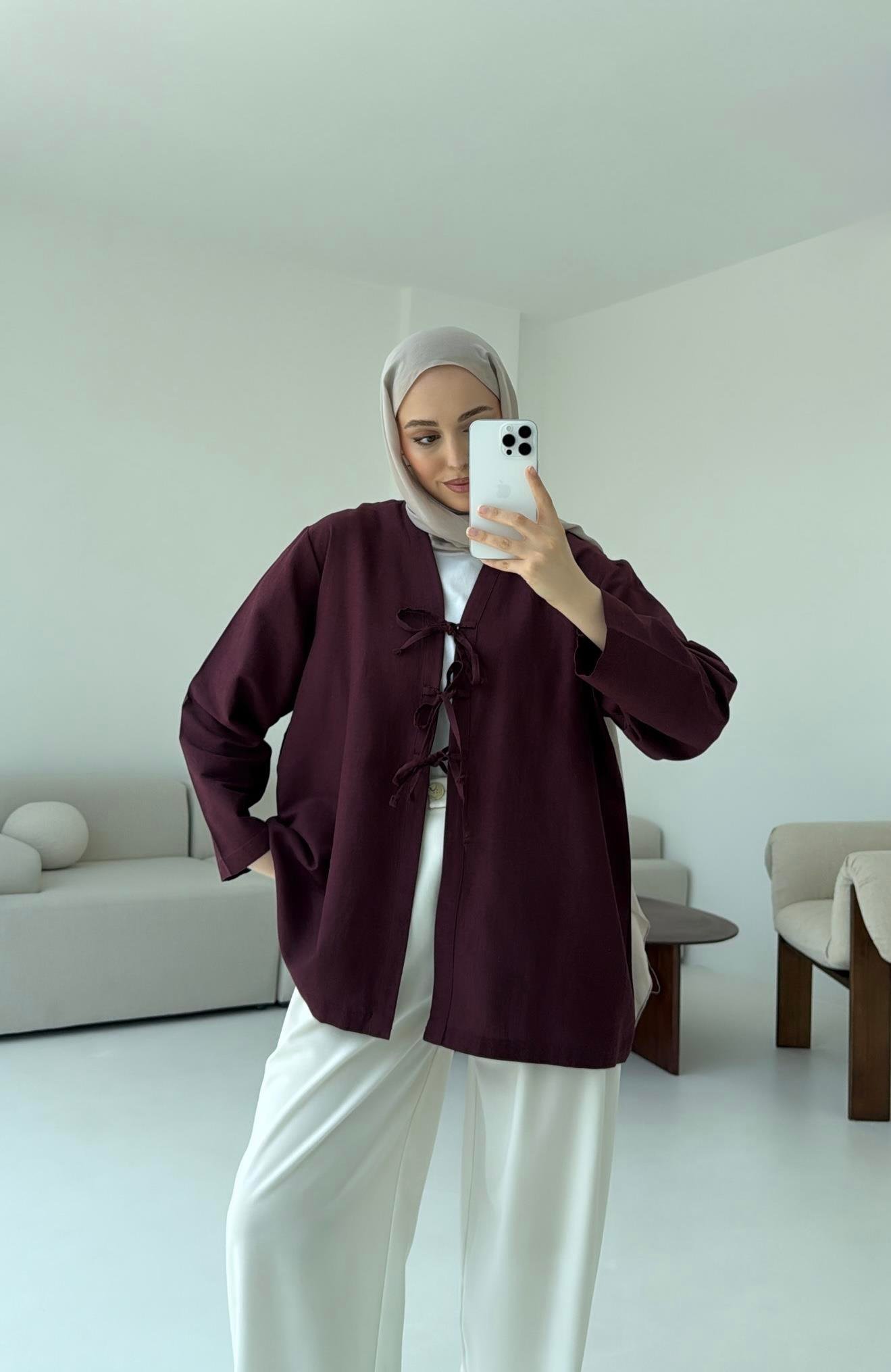 Keten Üç Bağlamalı Kimono Bordo