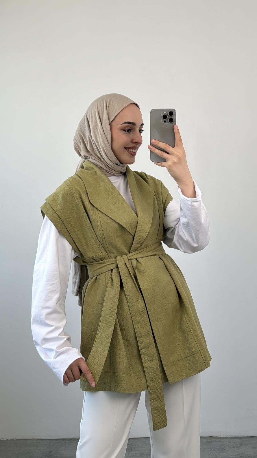 Bağlamalı Keten Yelek Yeşil