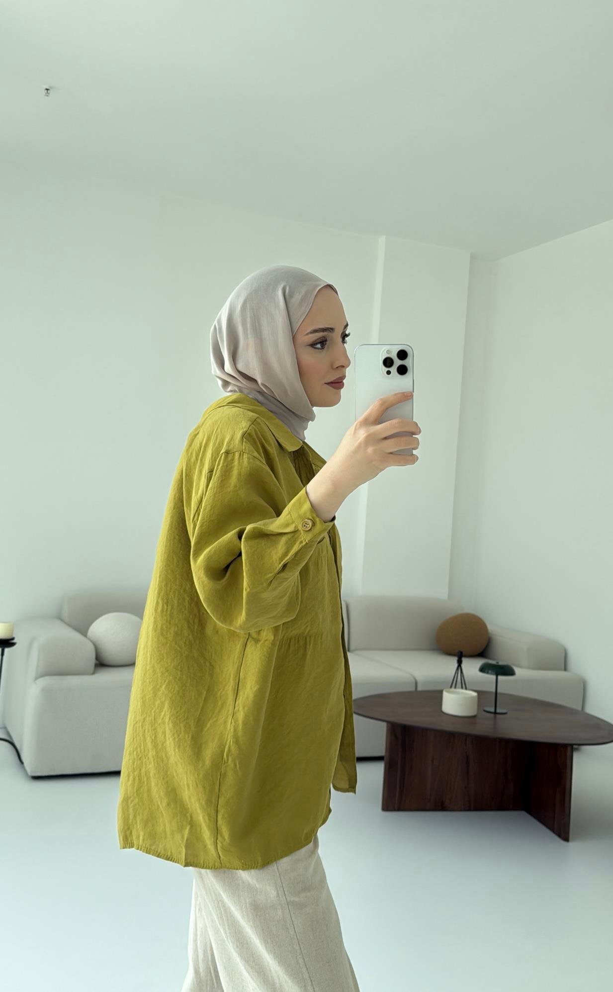 Düşük Omuz Oversize Gömlek Yağ Yeşili
