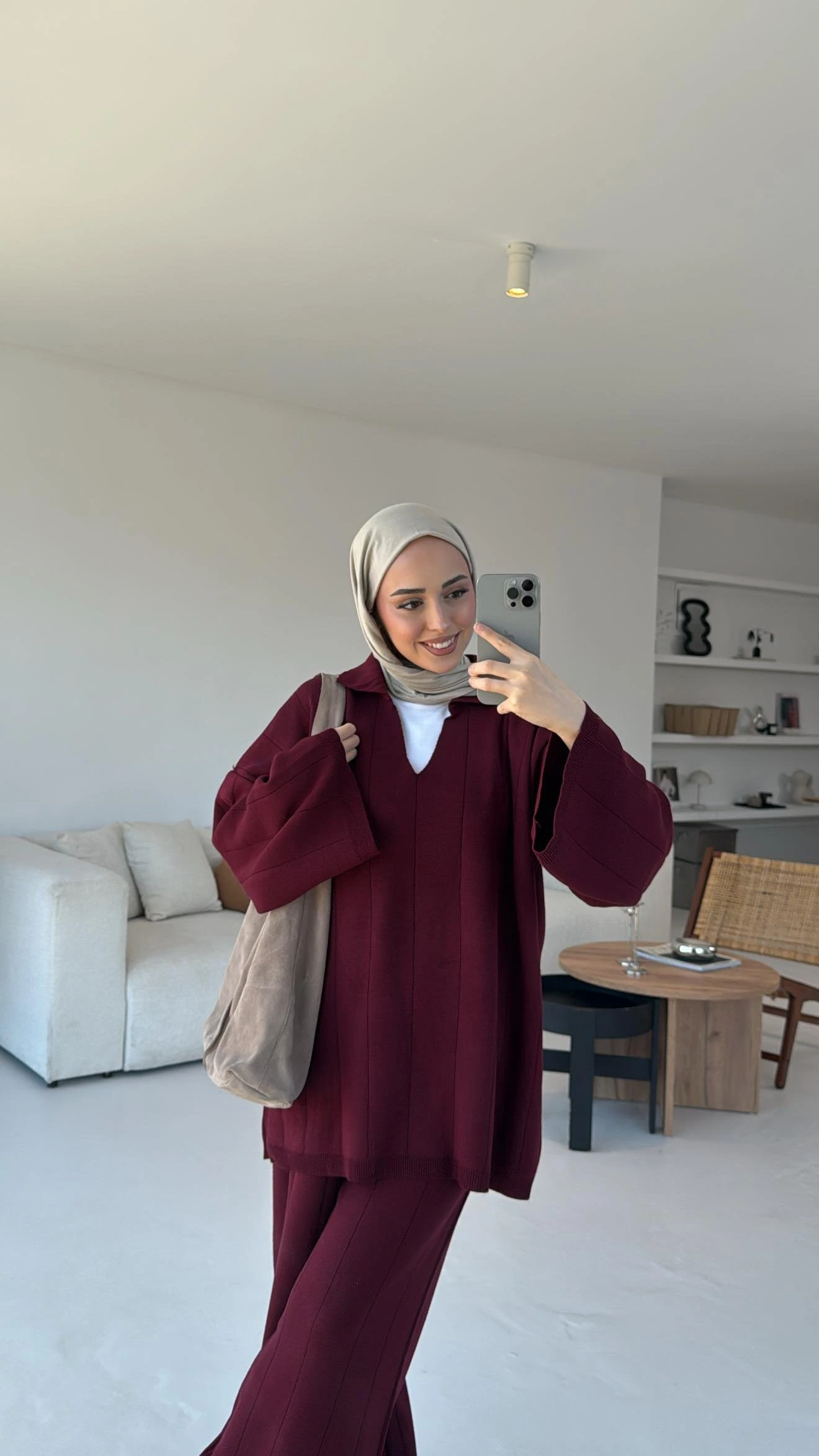 Düz Fitilli Triko Takım Bordo