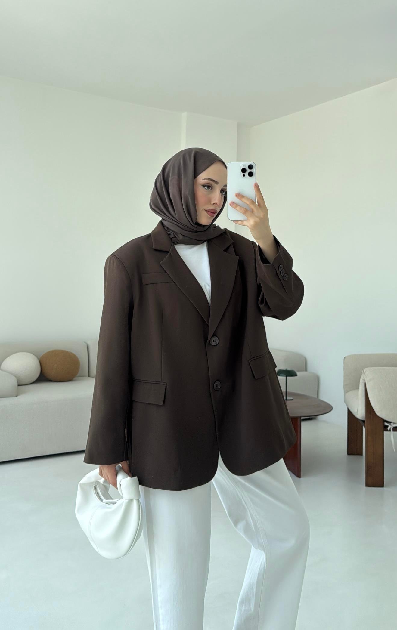 Çift Dügmeli Oversize Blazer Ceket Kahve