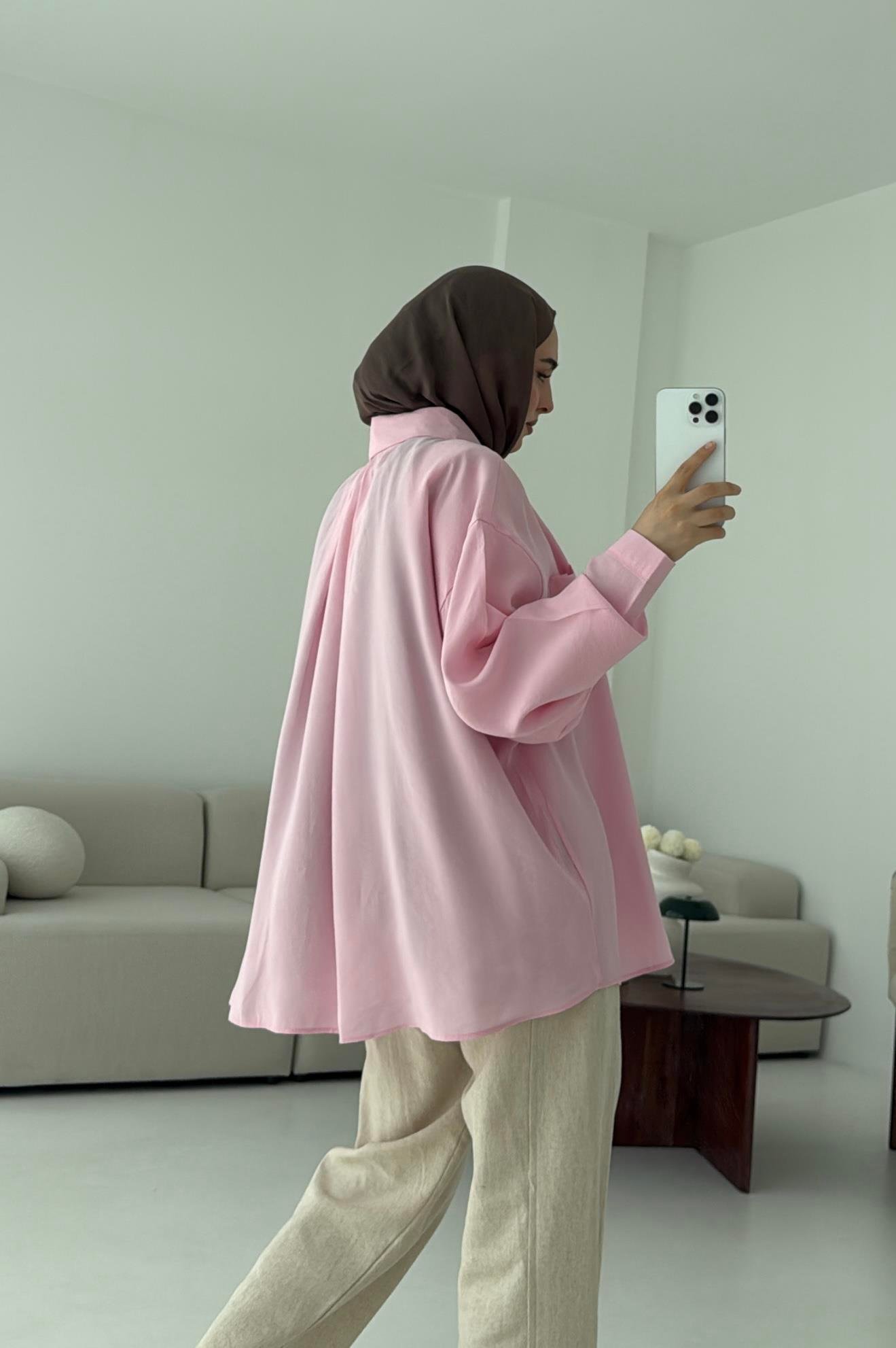 Krep Dökümlü Gömlek Pembe