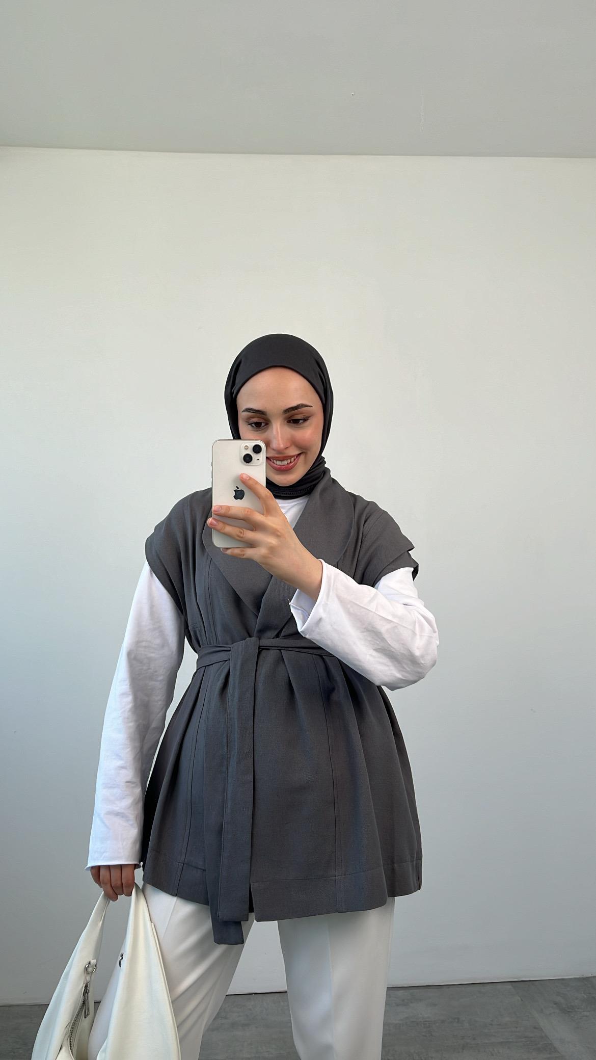 Bağlamalı Keten Yelek Gri