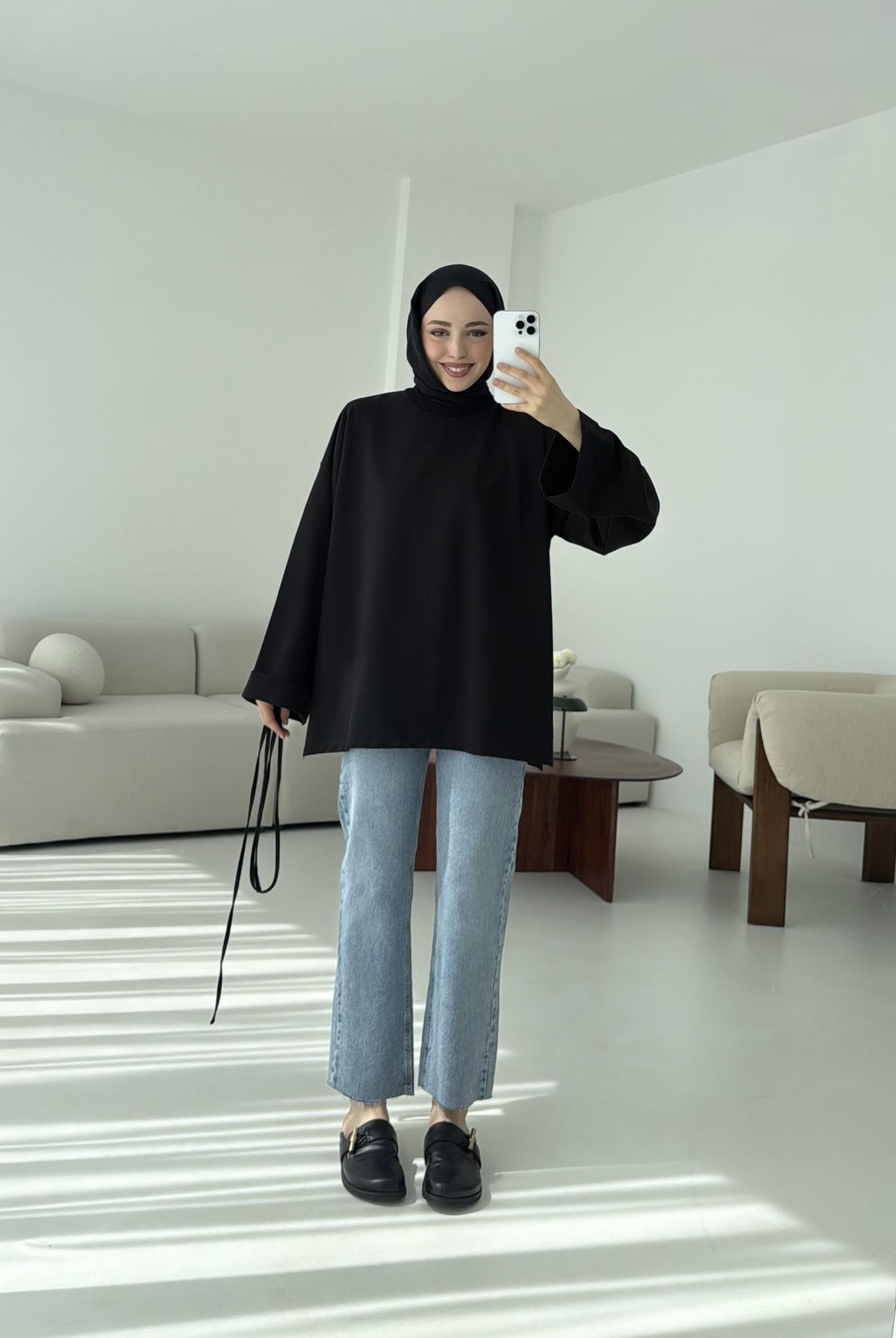 Bağlamalı Yanı Yırtmaç Detay Sweat Siyah