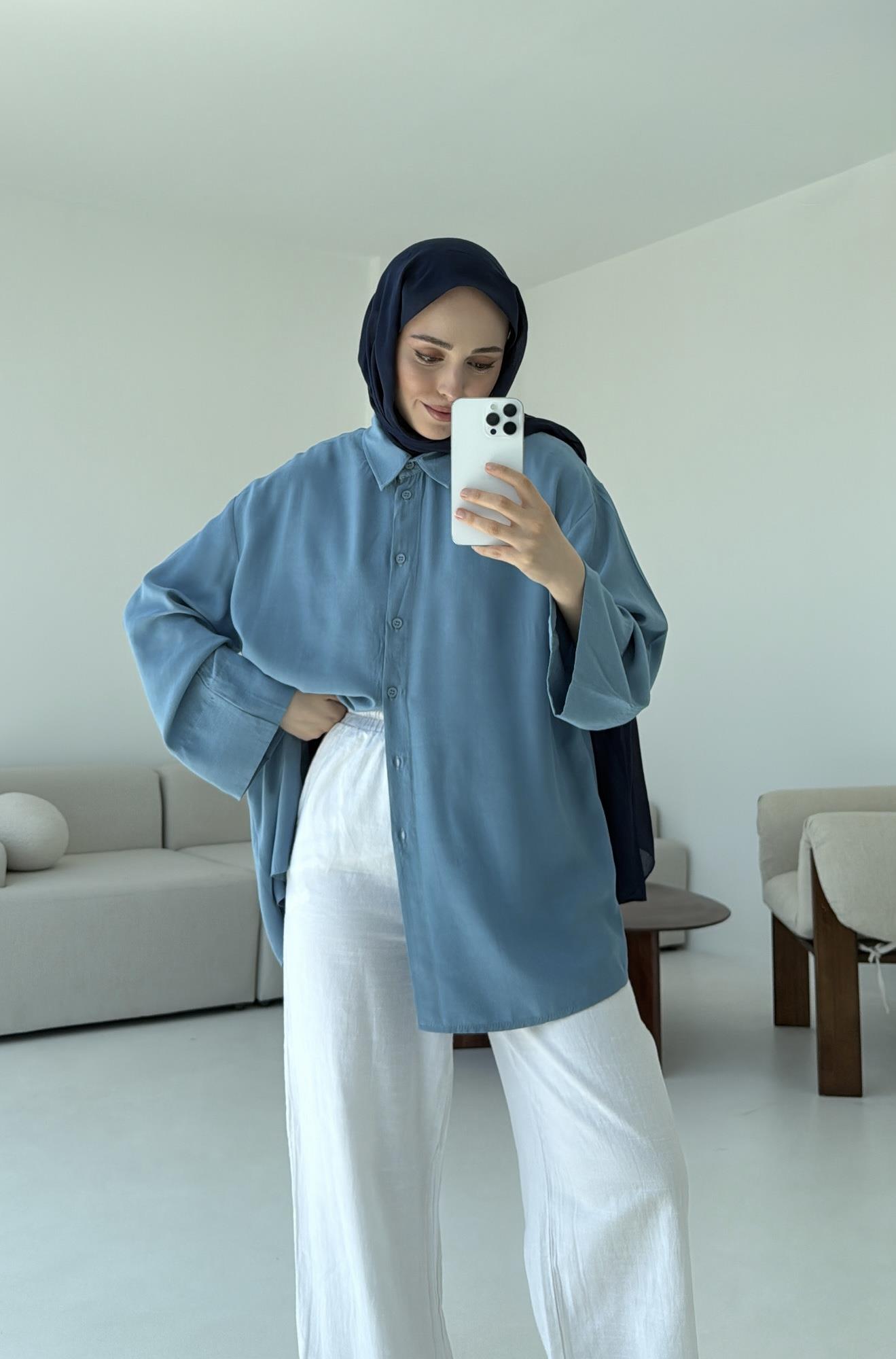 Tencel Yıkamalı Gömlek Mavi