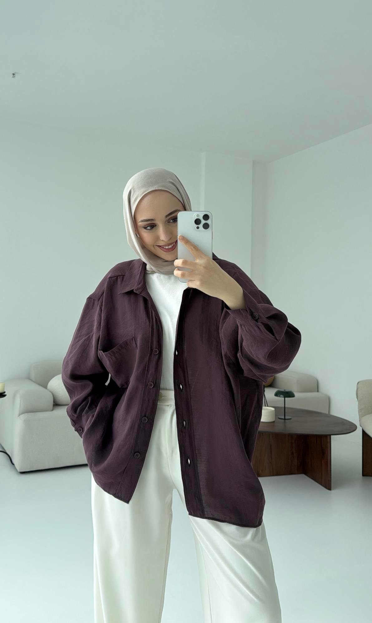 Düşük Omuz Oversize Gömlek Mürdüm