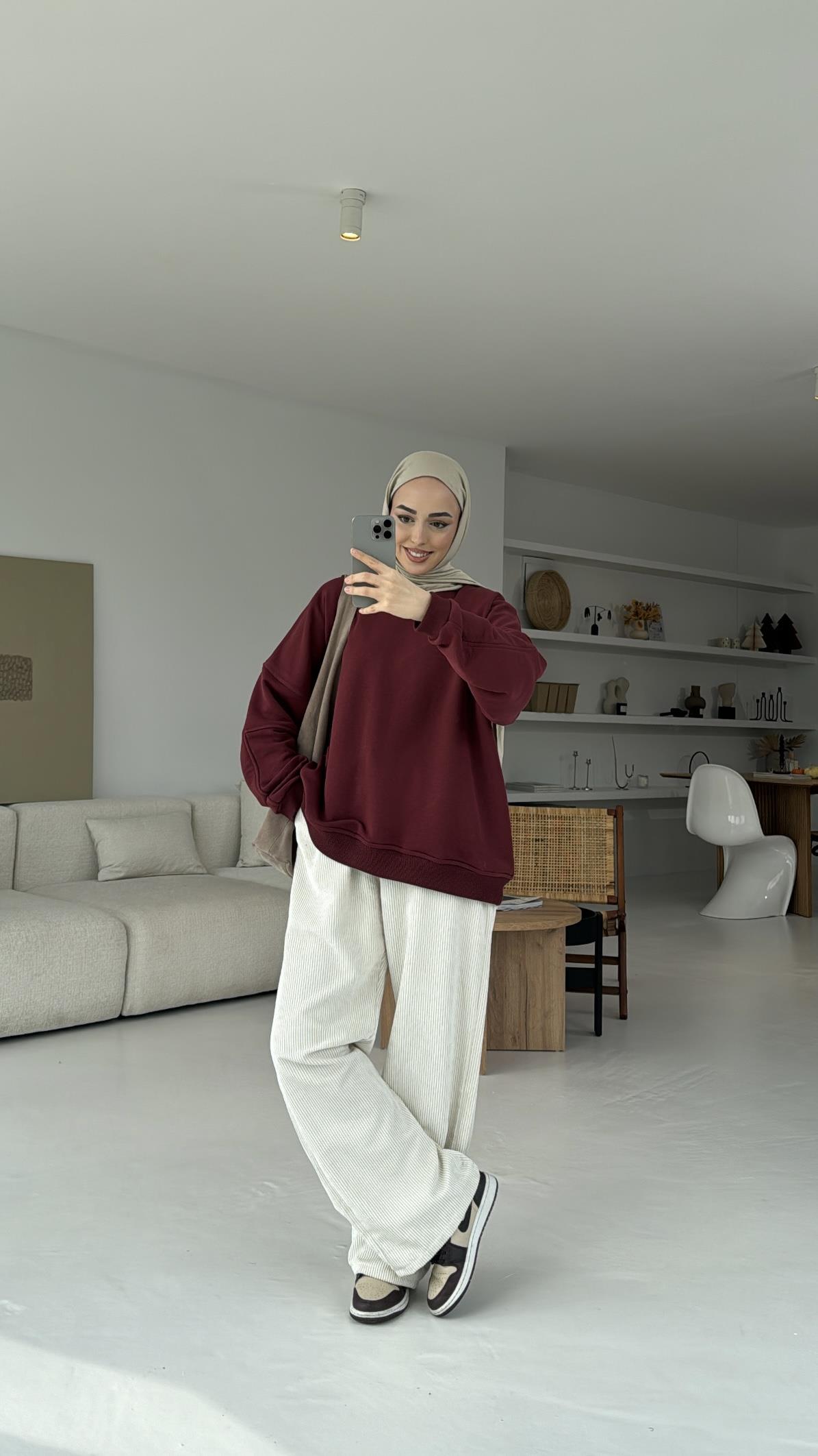 Kolları Dikiş Detaylı Oversize Sweatshirt Bordo