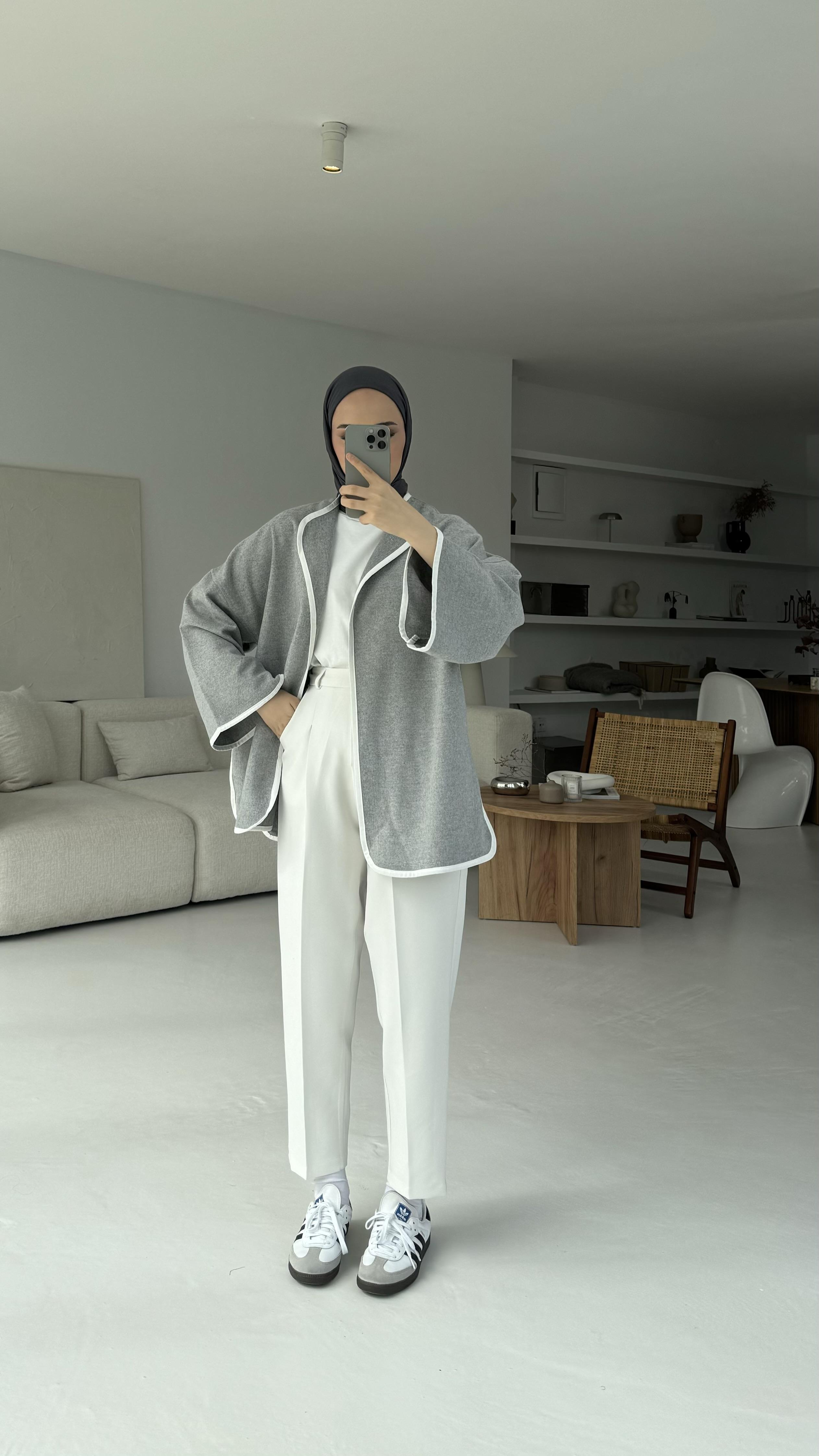 Mevsimlik Kaşe Bağlamalı Kimono Gri