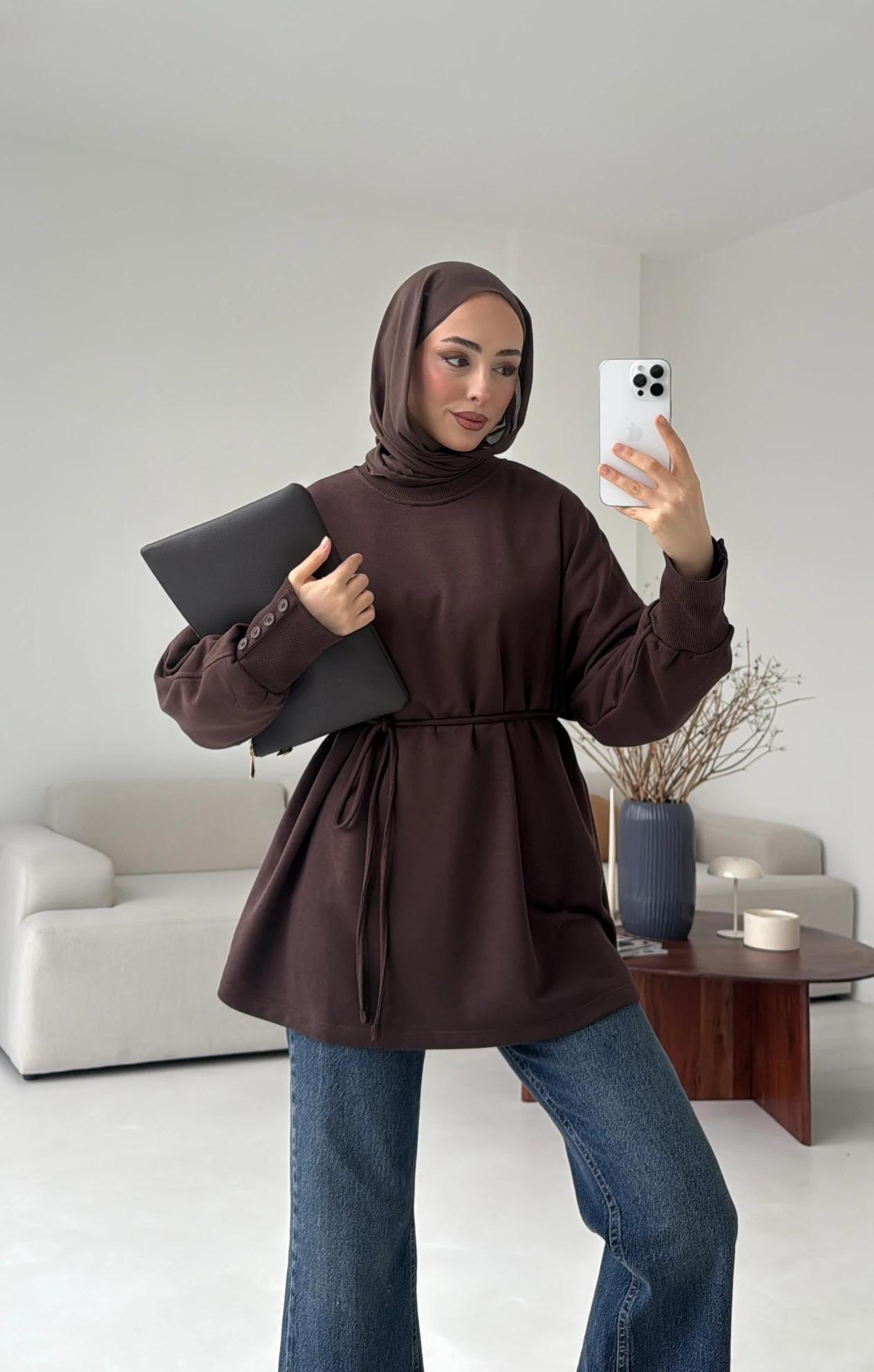 Manşeti Düğme Detay Swearshirt Kahve