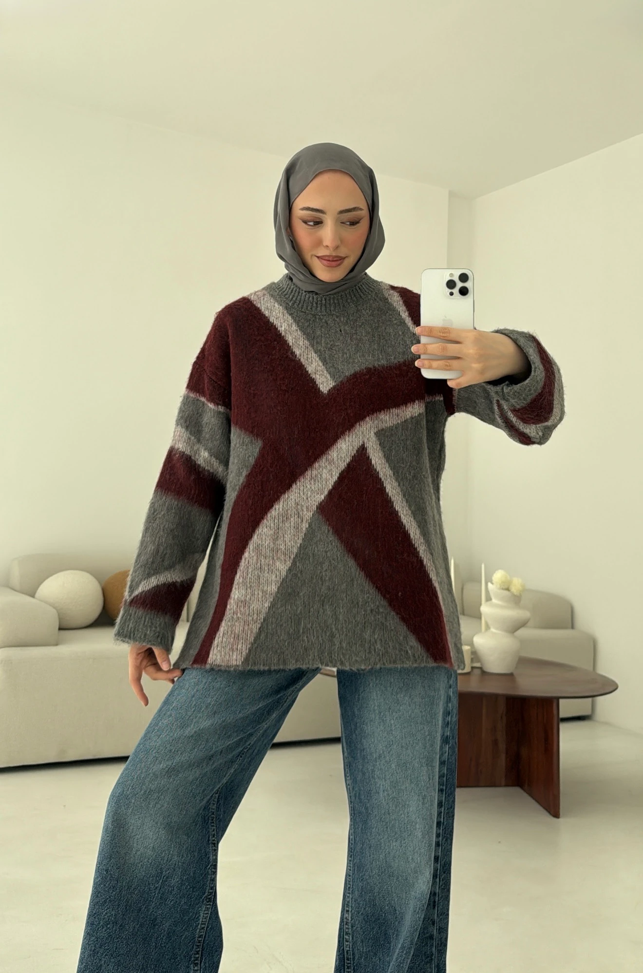 Gri Bordo Geçişli Kalın kazak