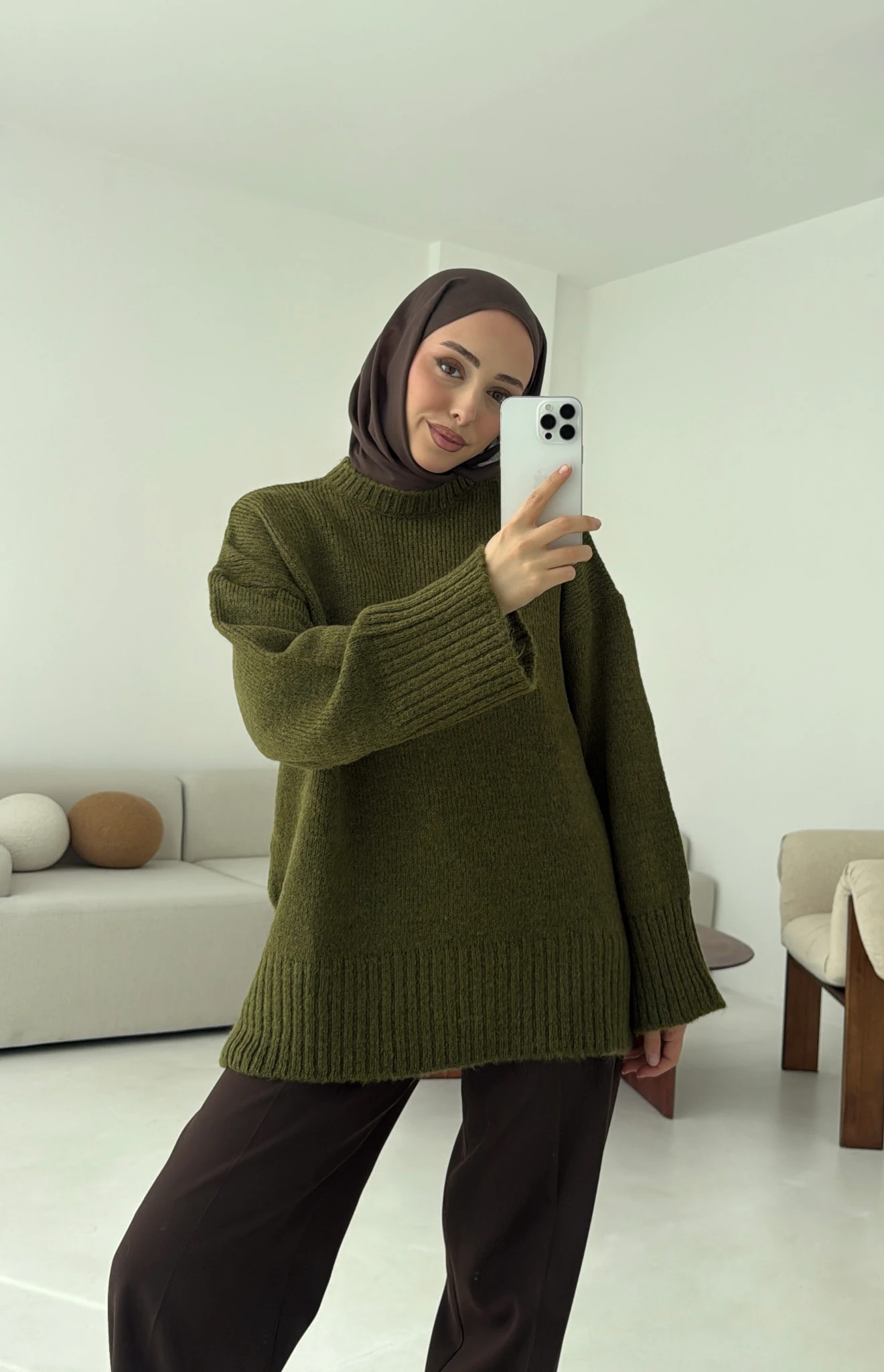 Çift Kat Triko Kazak Zeytin Yeşili