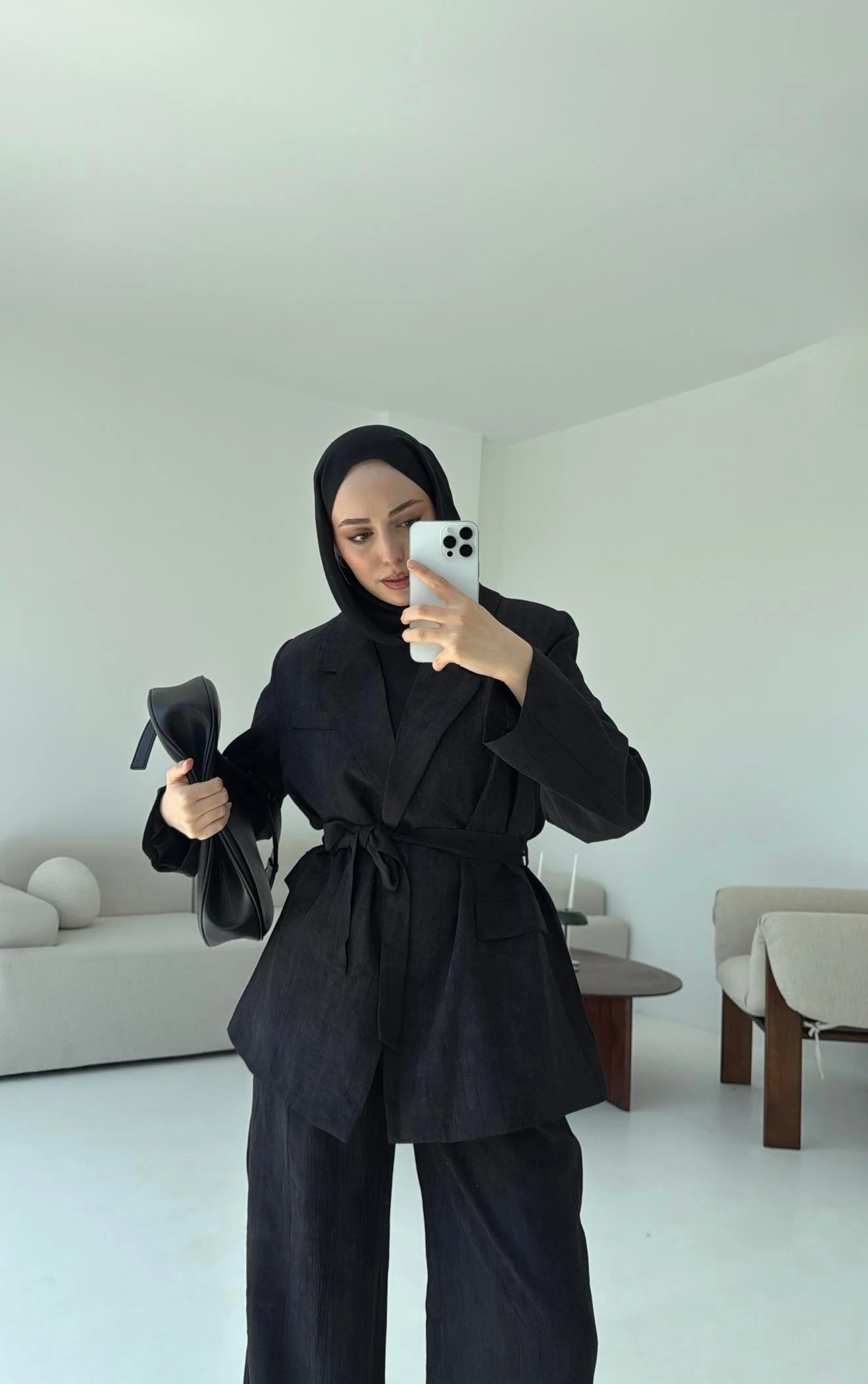 Kemerli Ceket Beli Lastikli Pantolon Takım Siyah