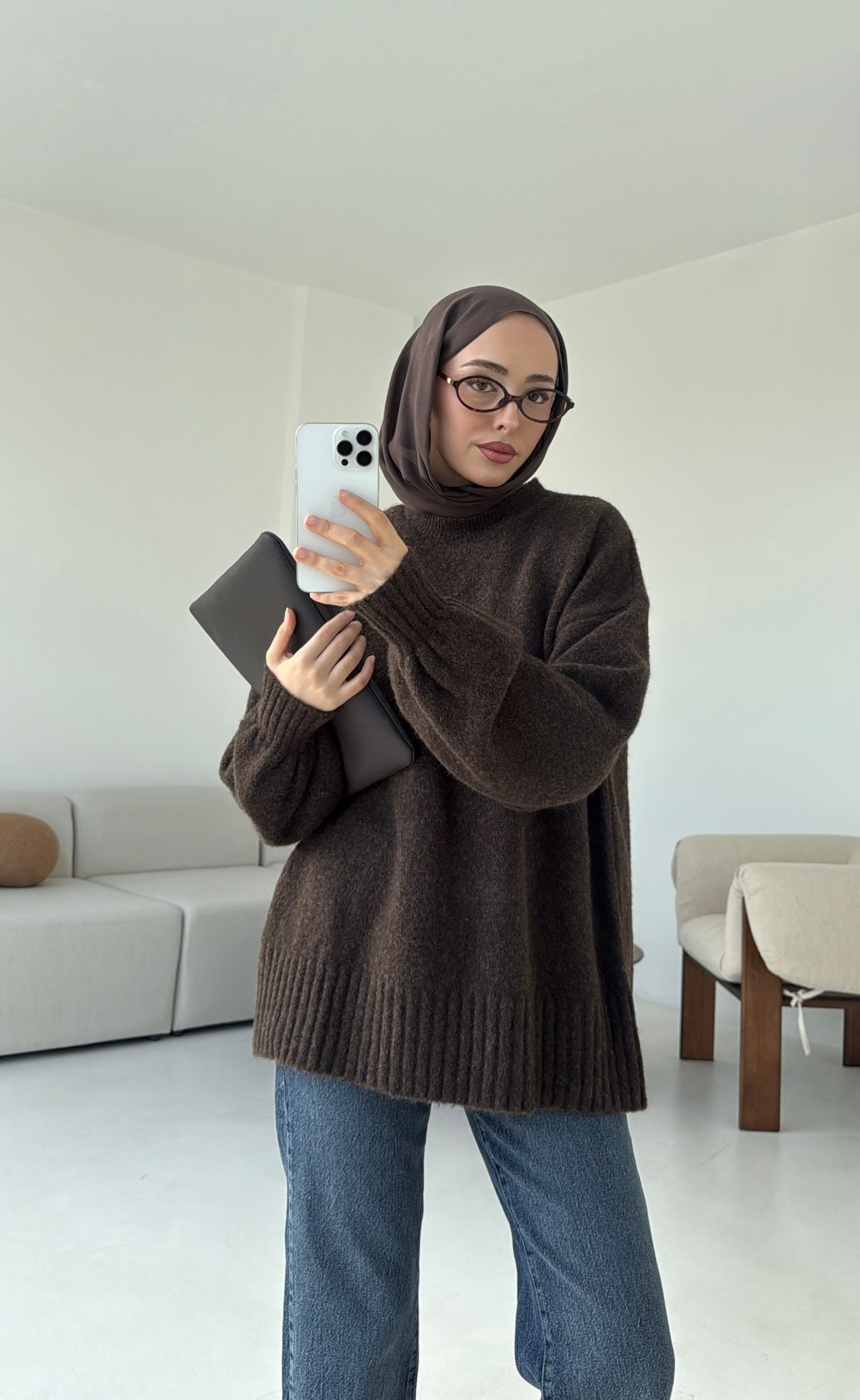 Balon Kol Yumuşak Kazak Kahve