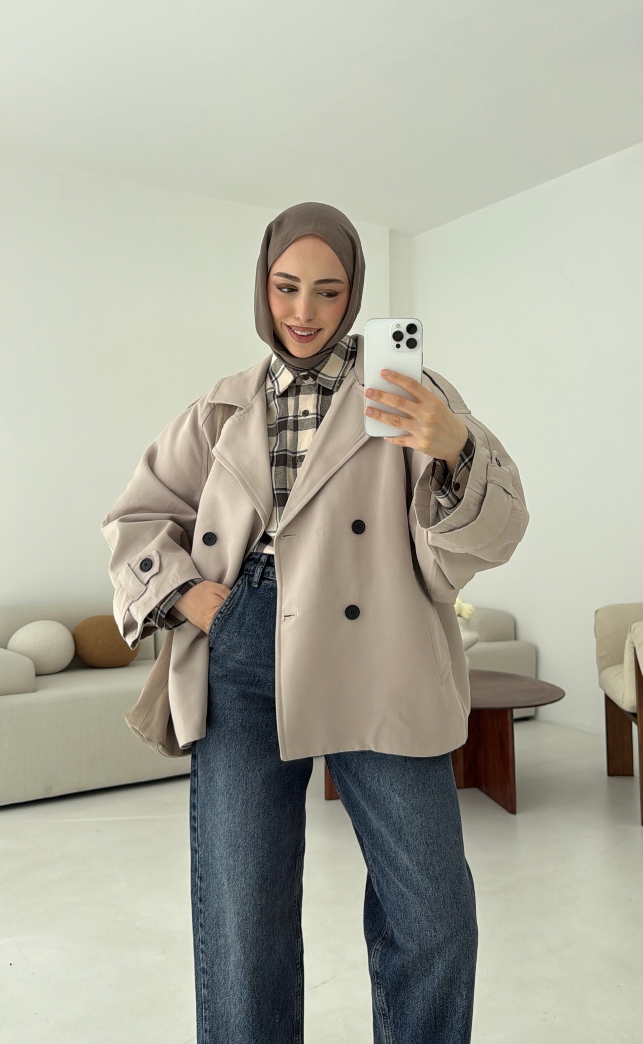Geniş Kol Oversize Trençkot Taş