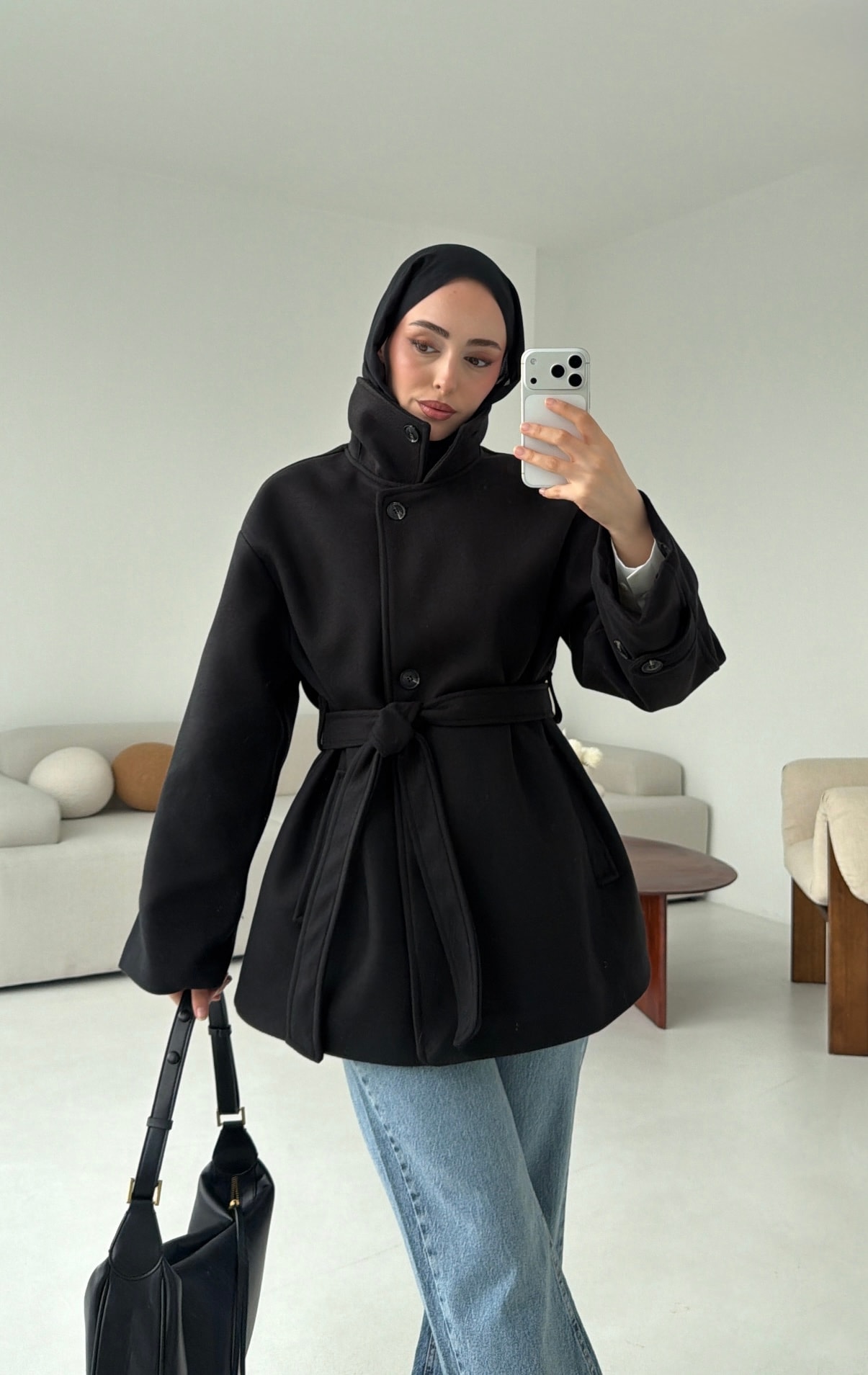 Kol Apoletli Kaşe Kaban Siyah