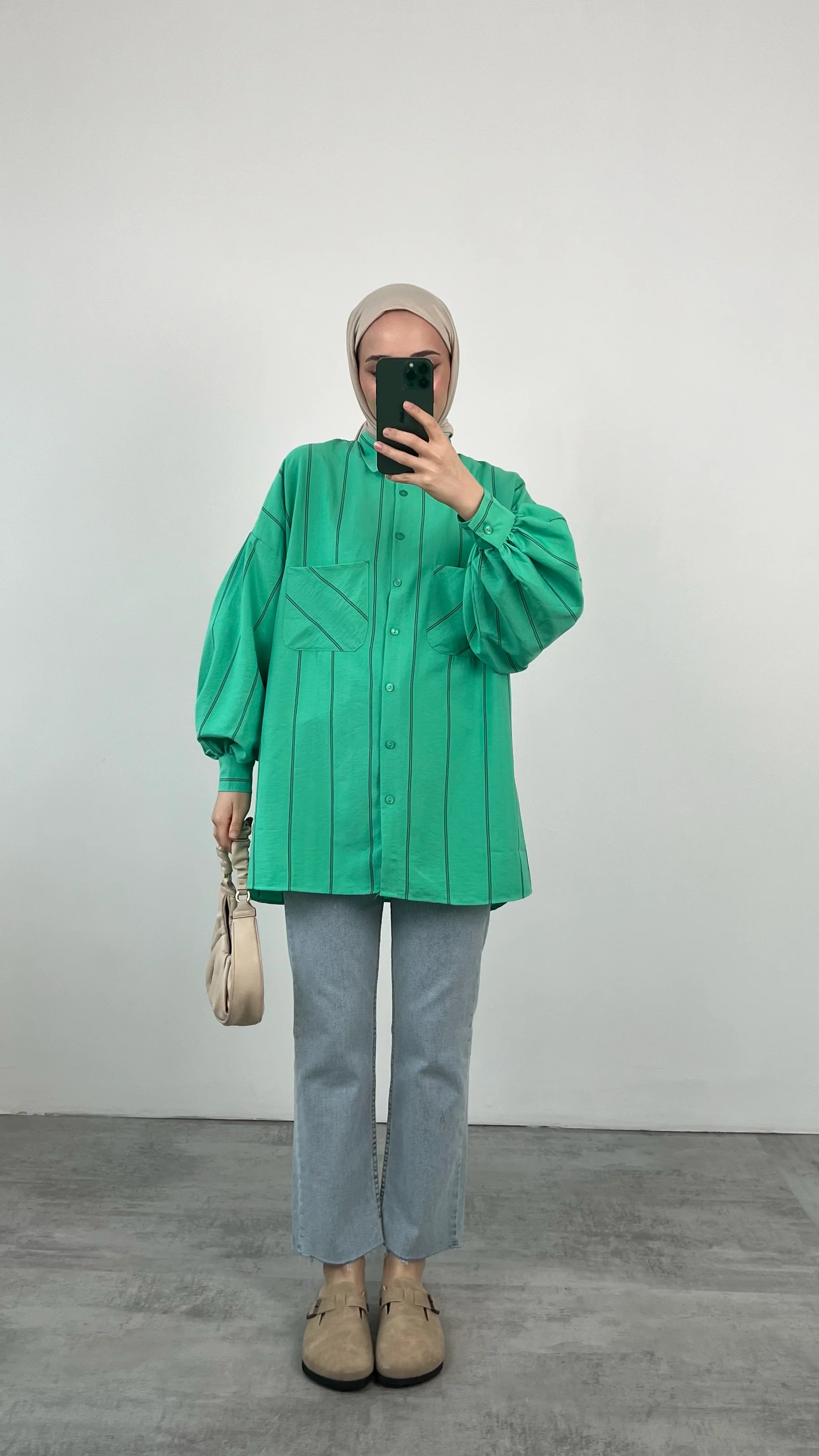 Balon Kol Çizgili Yeşil Gömlek