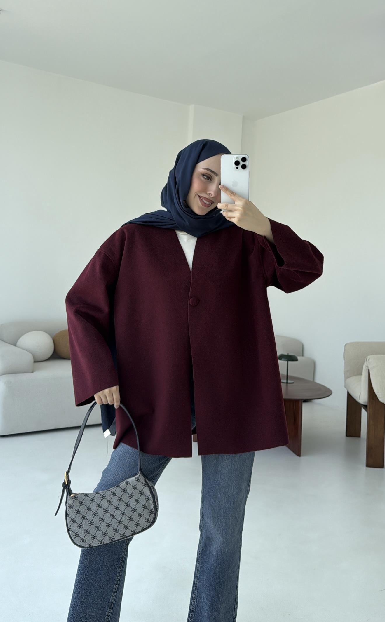 Hafif Tek Dügmeli Kaşe Ceket Bordo