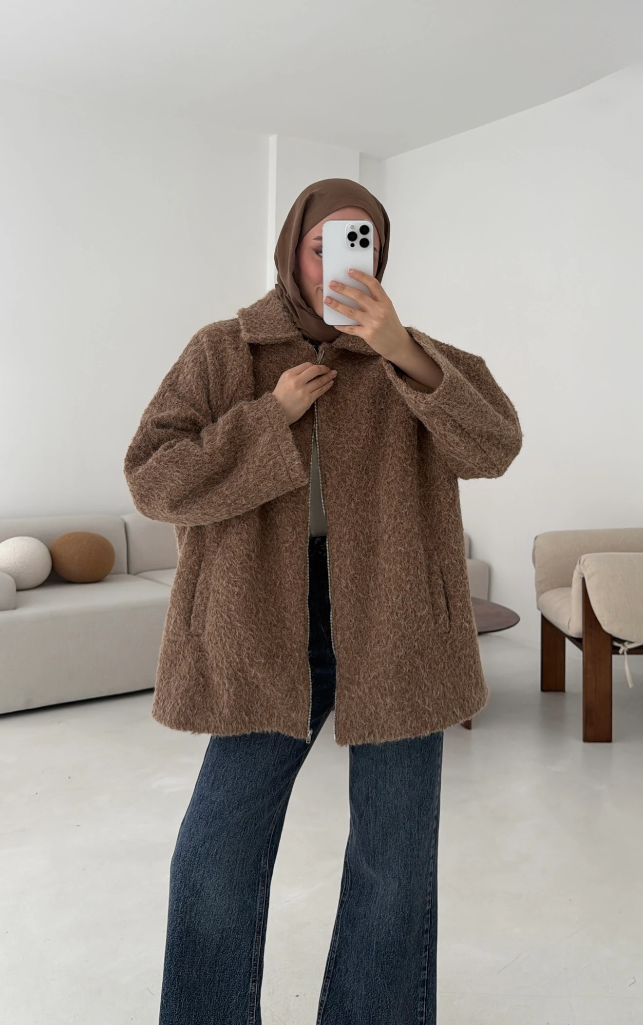 Kırçıllı Fermuarlı Kaban Kahve