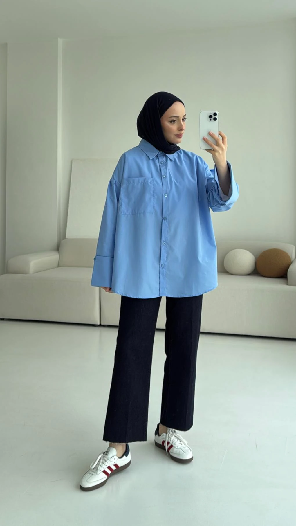 Kalın Manşetli Oversize Mavi Gömlek