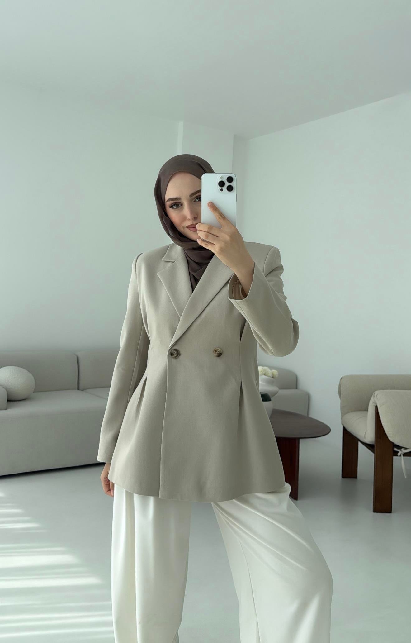Pile Detay Blazer Ceket Taş