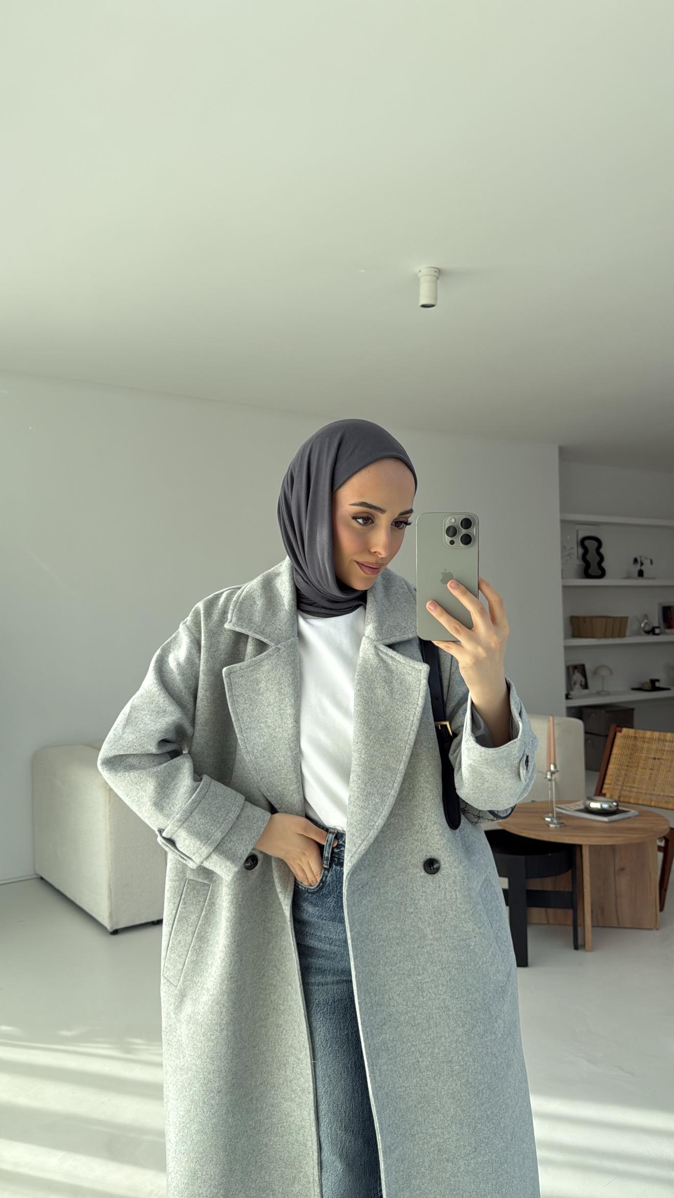 Uzun Gri  Kol  Detaylı Kaşe Kaban