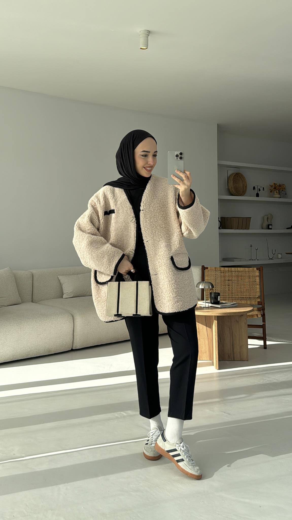 Düğmeli Oversize Teddy Ceket Bej