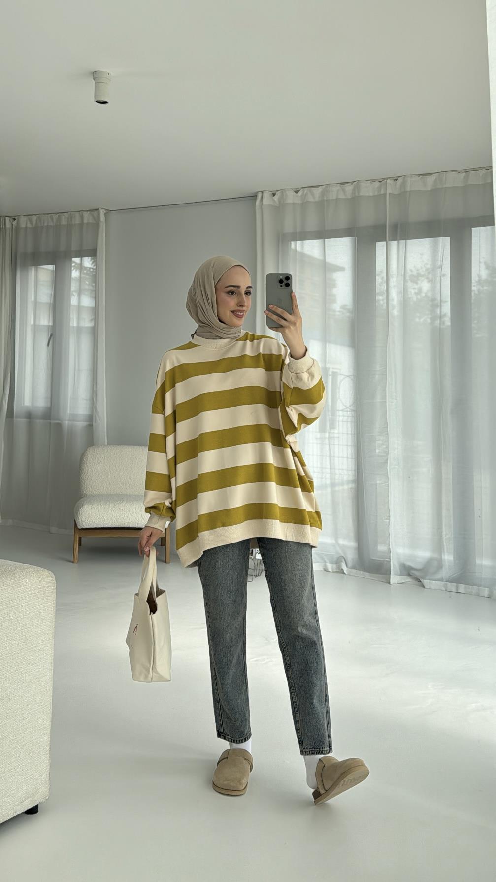 Çizgili Oversize Sweatshirt Olive