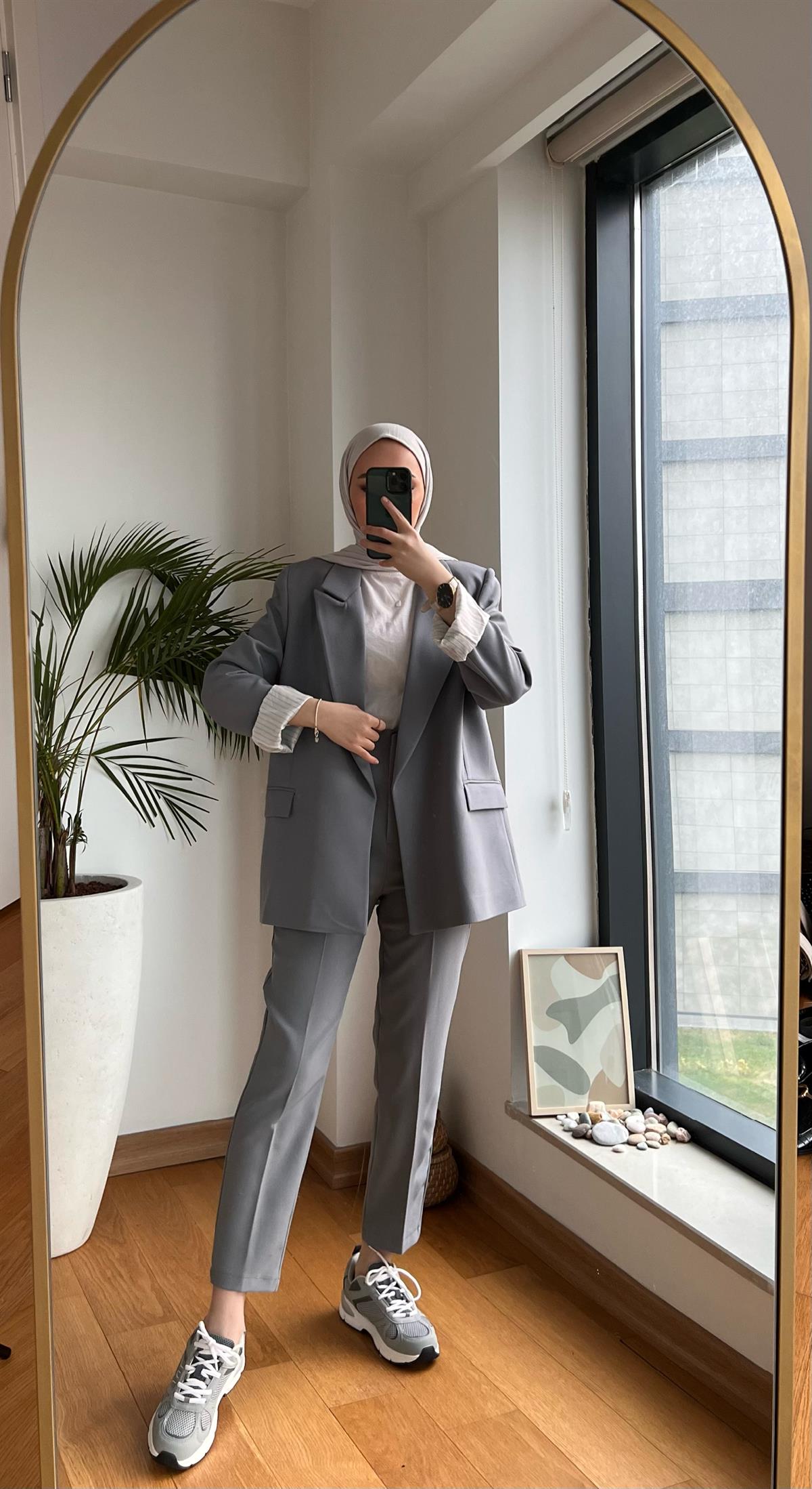 İç Astarı Çizgili Blazer Ceket Gri