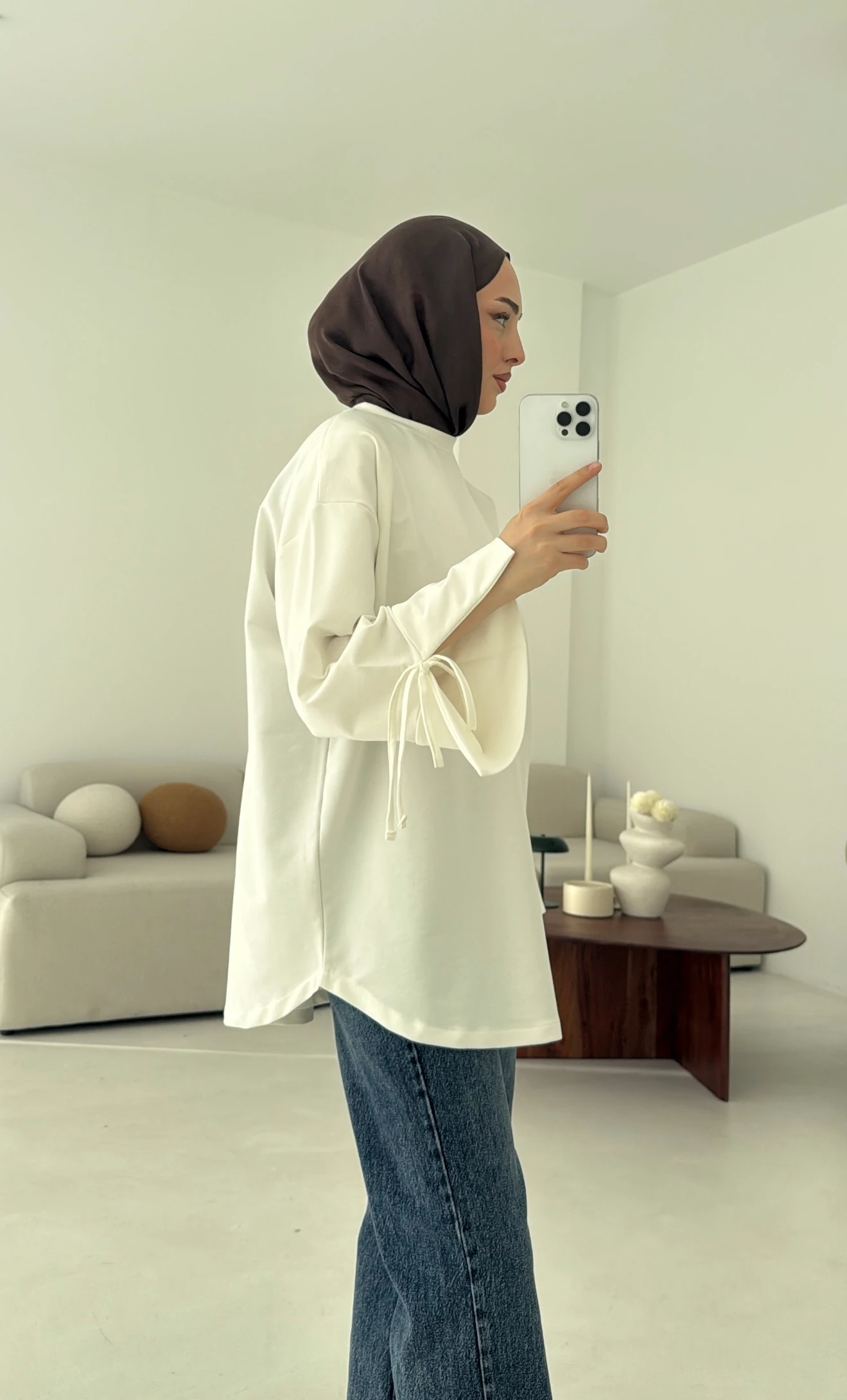 Manşeti Yırtmaçlı Sweat Ekru Antrasit