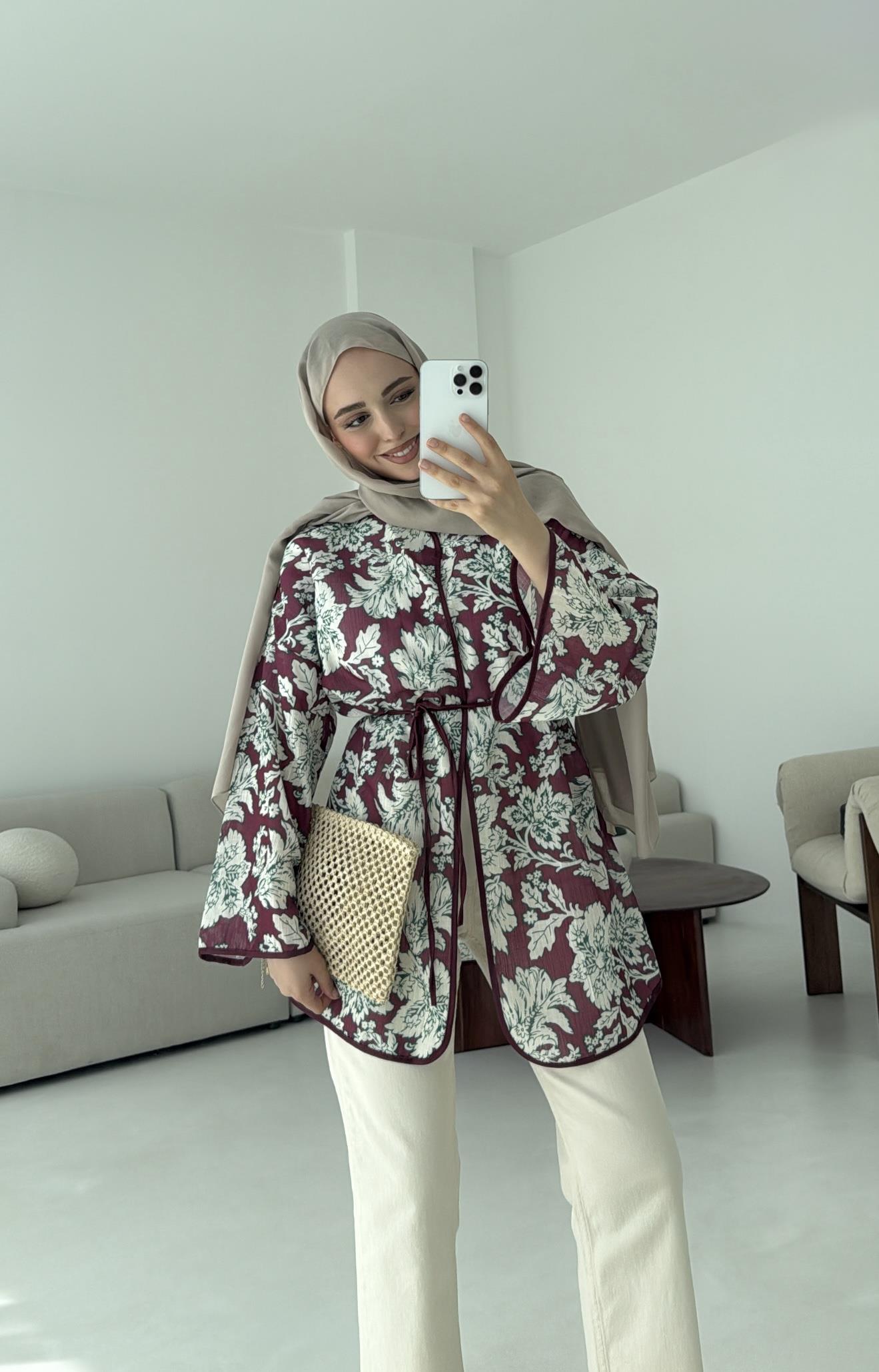 Dijital Baskılı Kimono Bordo