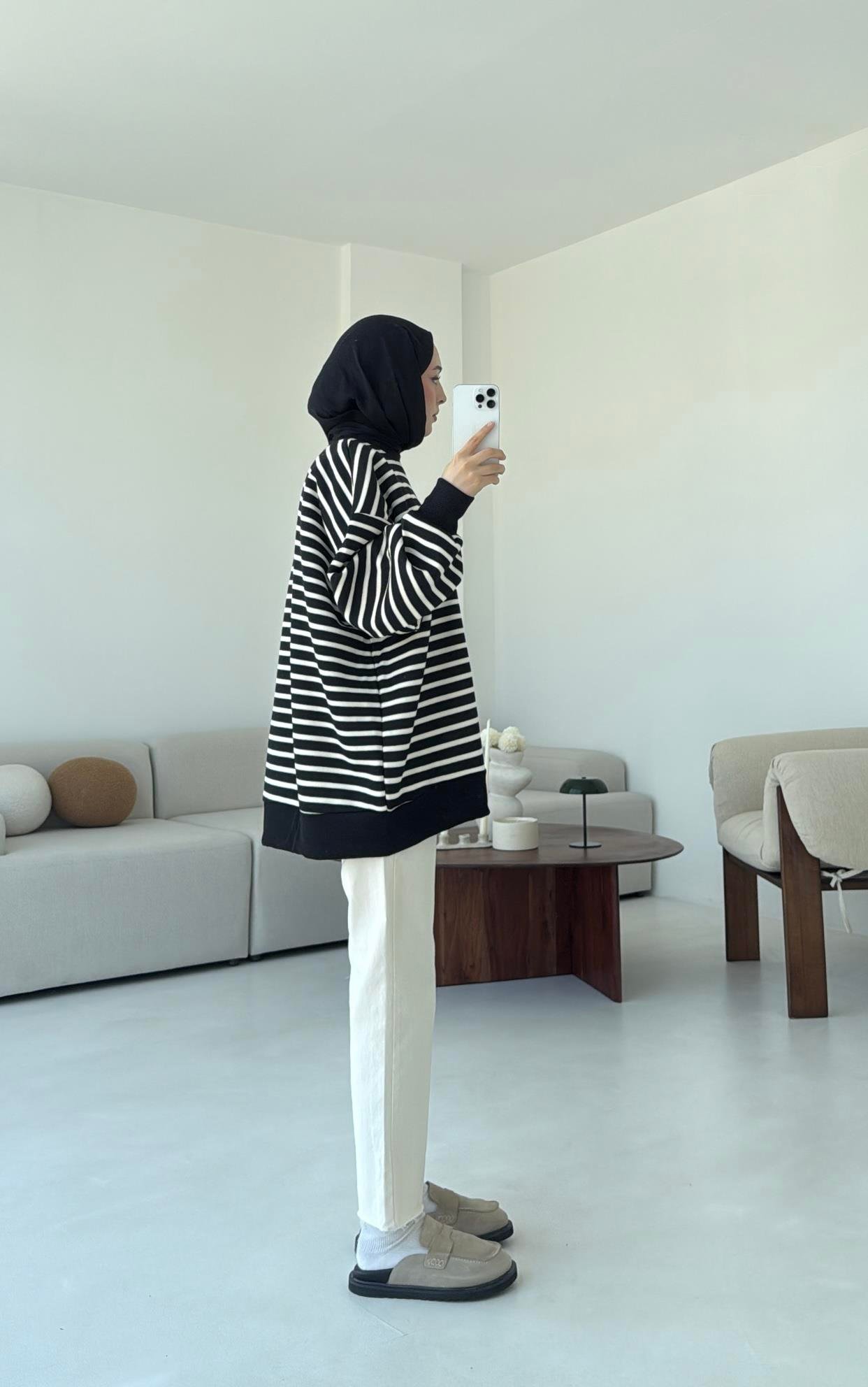 Çizgili Oversize Sweatshirt Siyah
