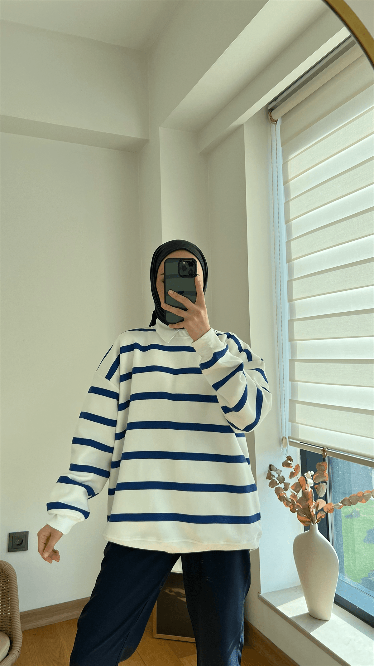 Çizgili Şardonlu Sweatshirt Mavi