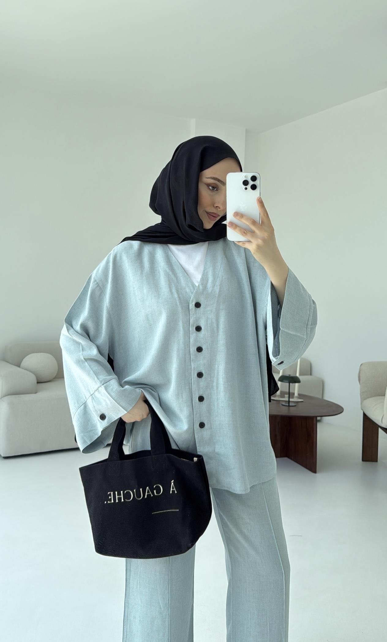 Düğmeli Kimono Takım Mavi