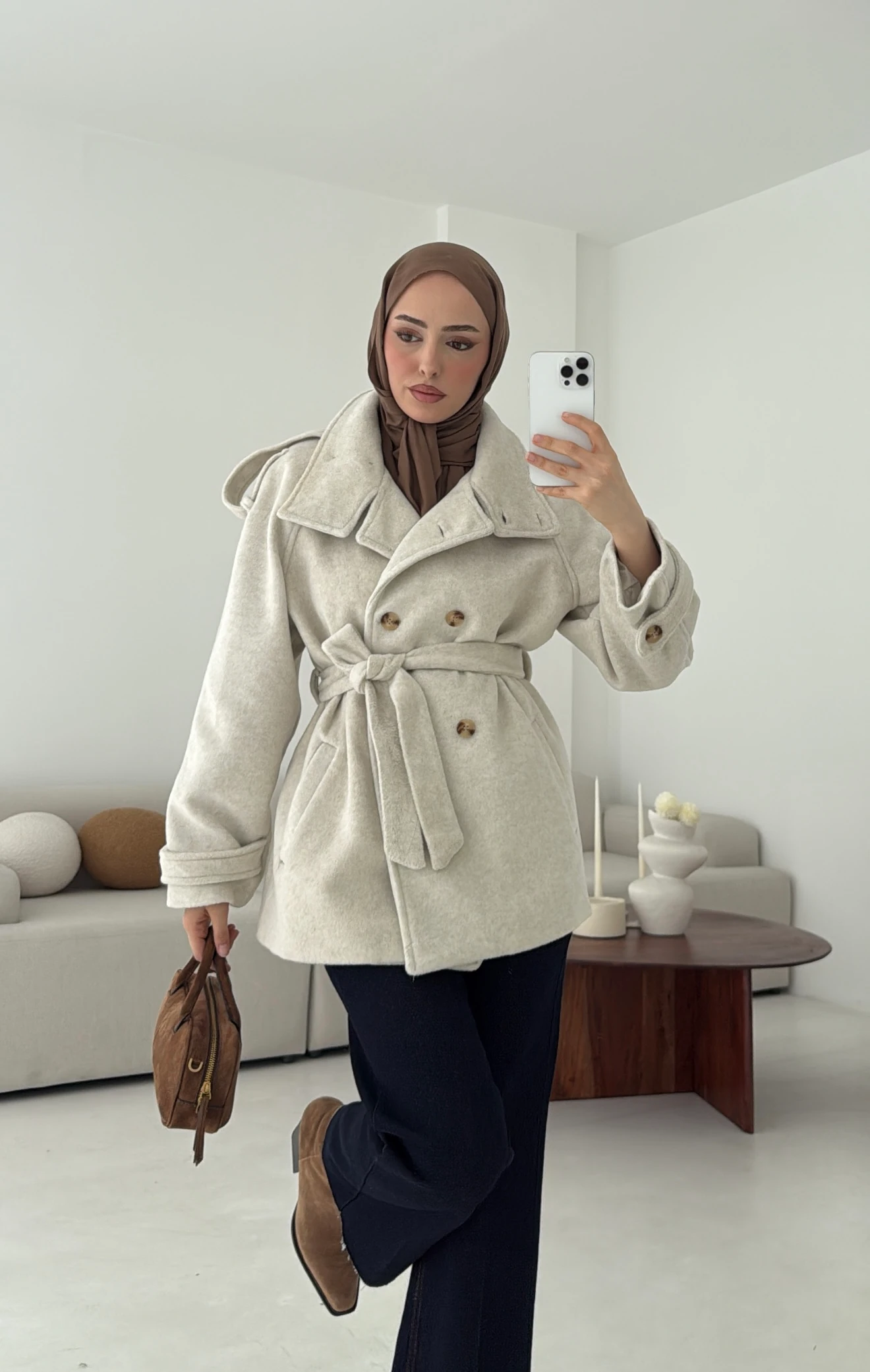 Kuşaklı Oversize Kaşe Kaban Bej