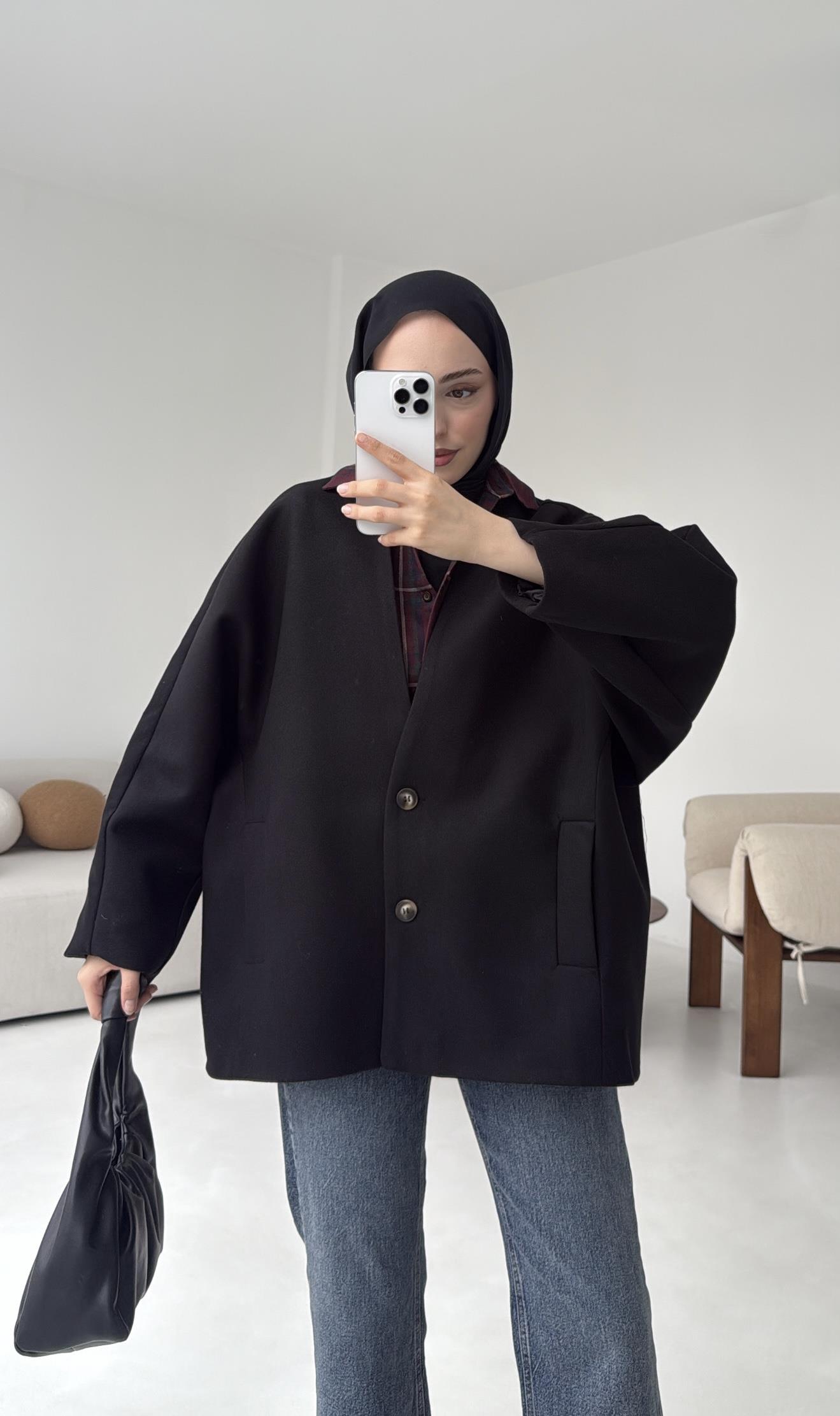 Soft Oversize Kaşe Kaban Siyah