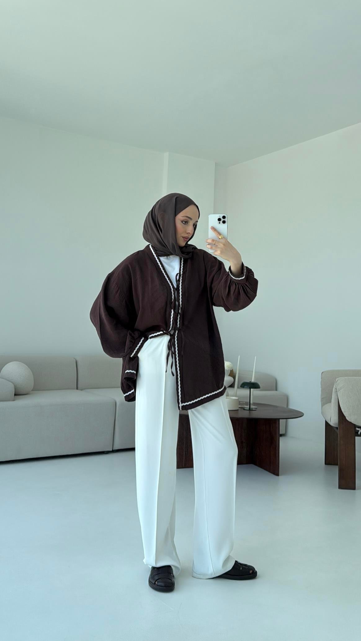 Bağlamalı Dantel Detay Kimono Kahve