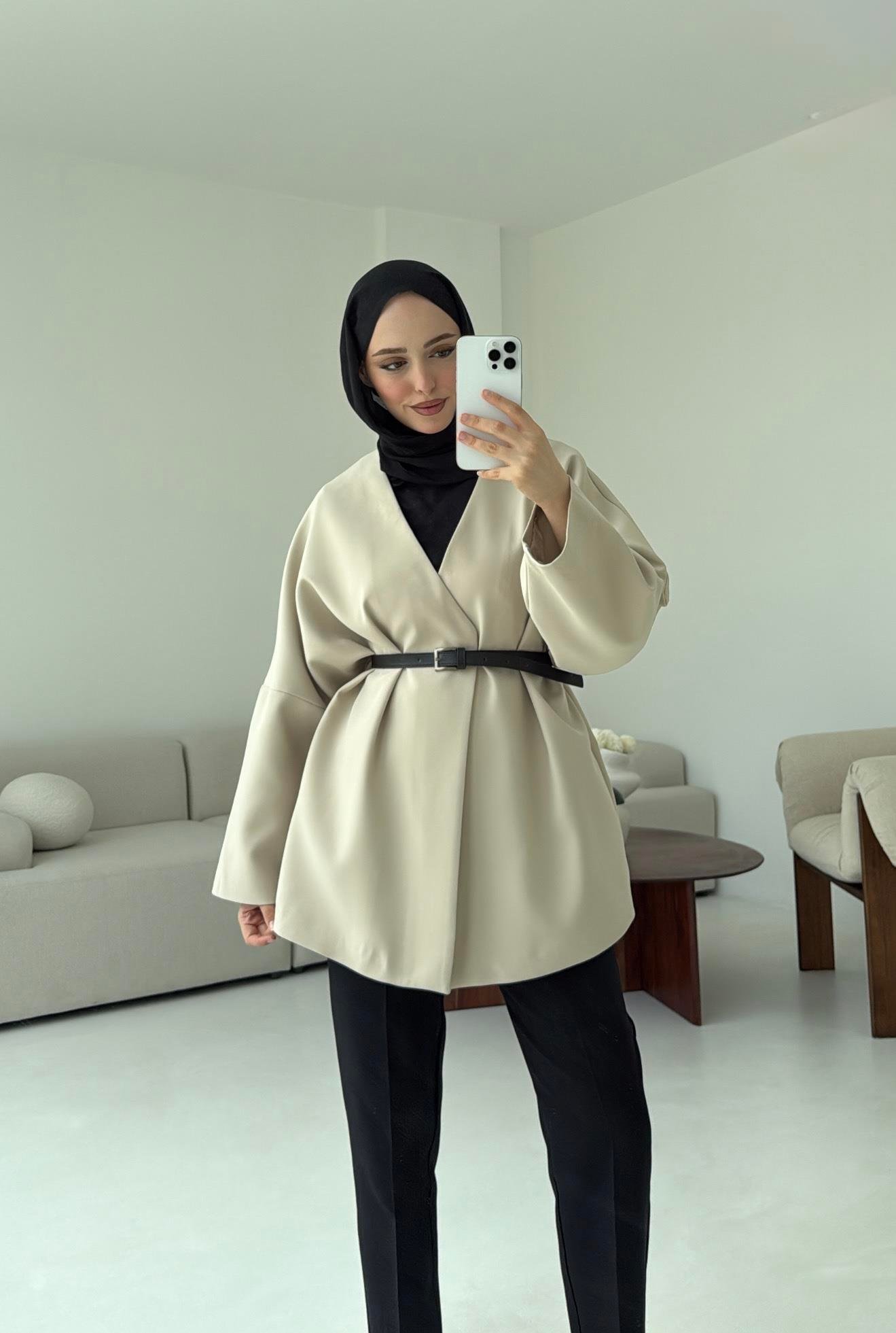 Deri Kemer Detay Oversize Ceket Taş