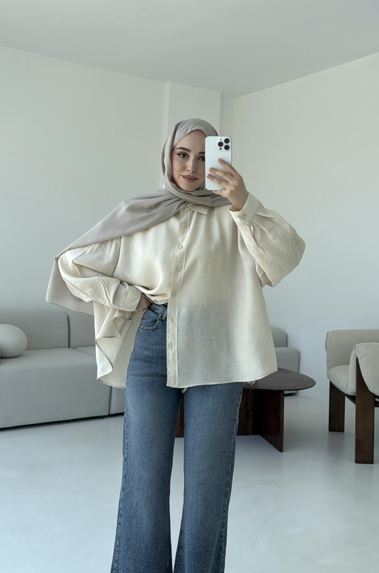 Tencel Pis Dikiş Oversize Krem Gömlek