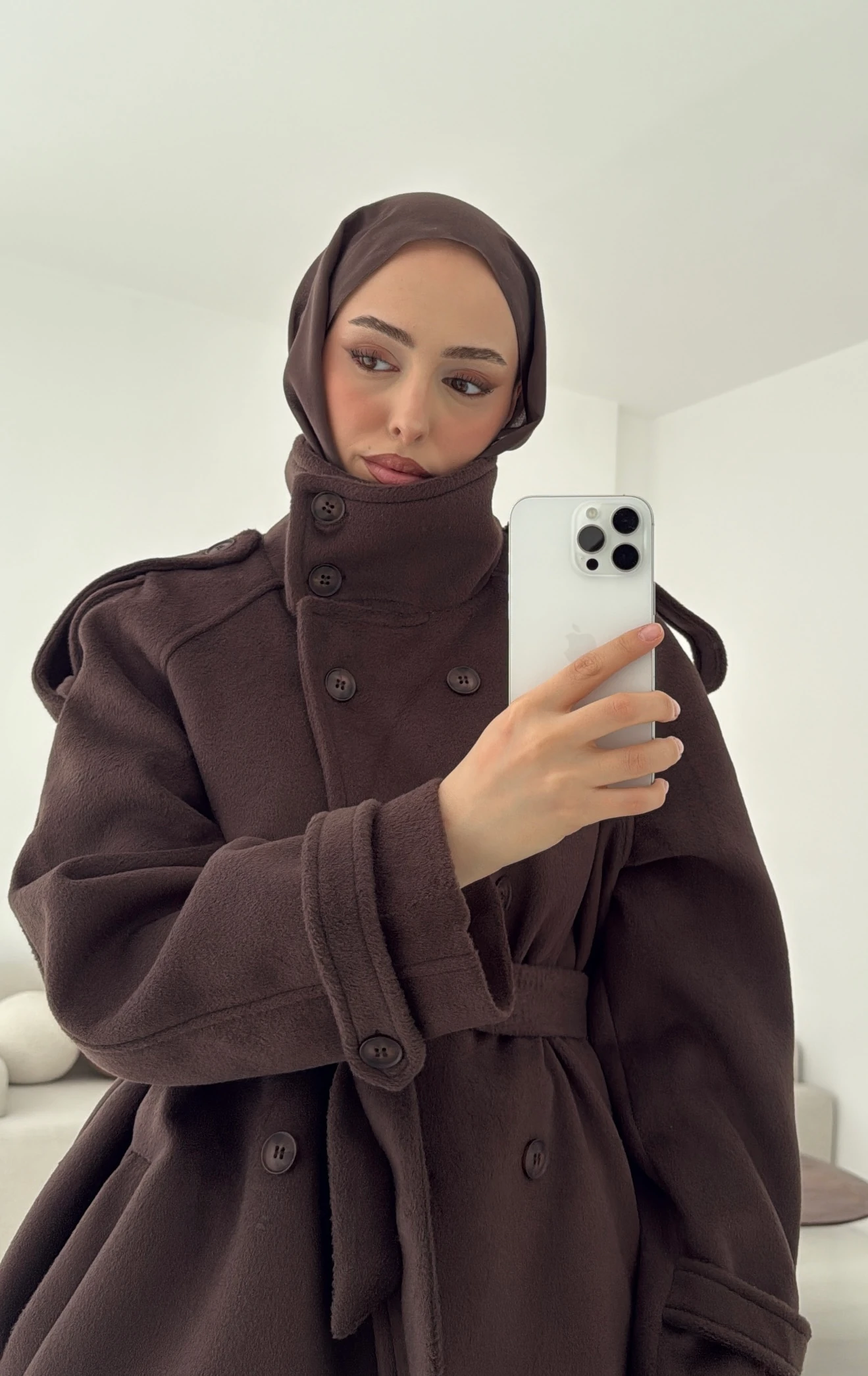 Kuşaklı Oversize Kaşe Kaban Kahve