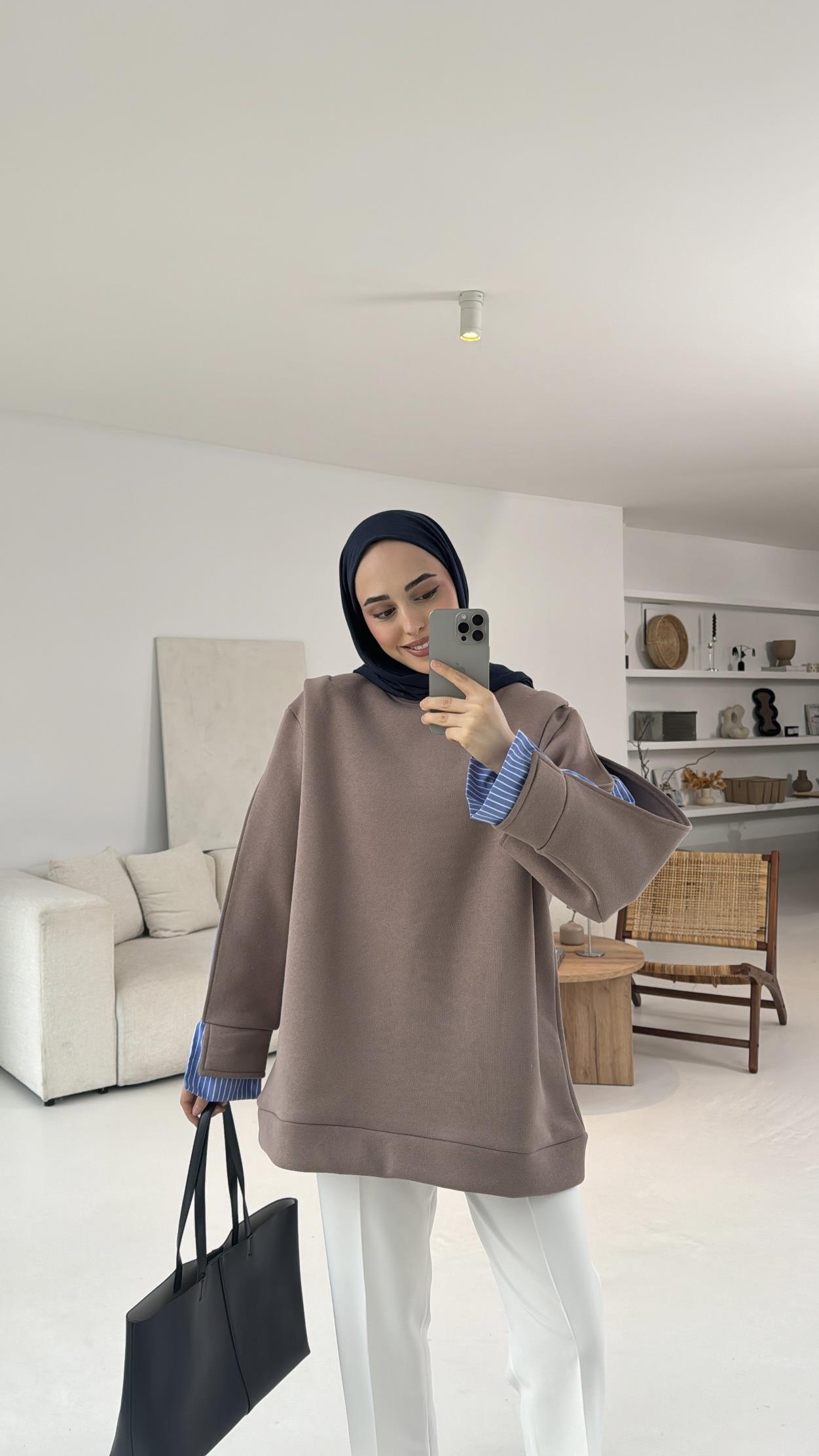 Gömlek Detaylı Sweatshirt Vizon