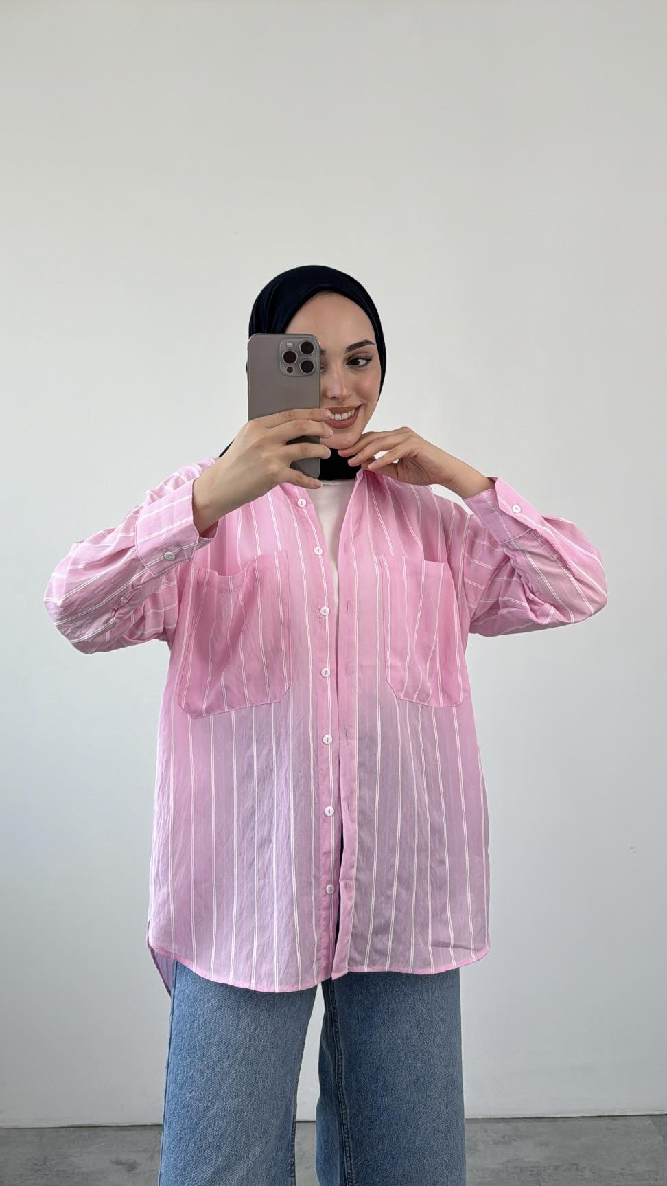 Çift Cep Çizgili Pembe Gömlek