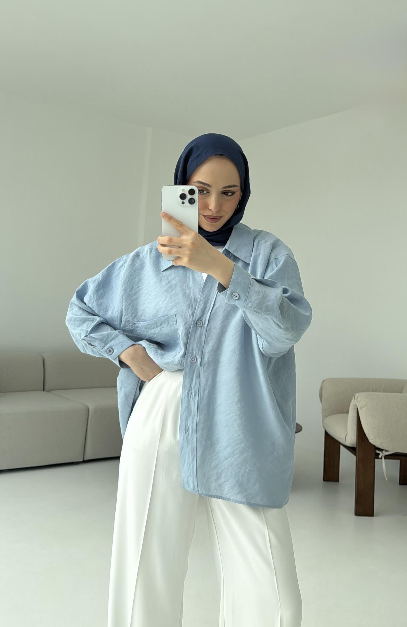 Düşük Omuz Oversize Gömlek Mavi