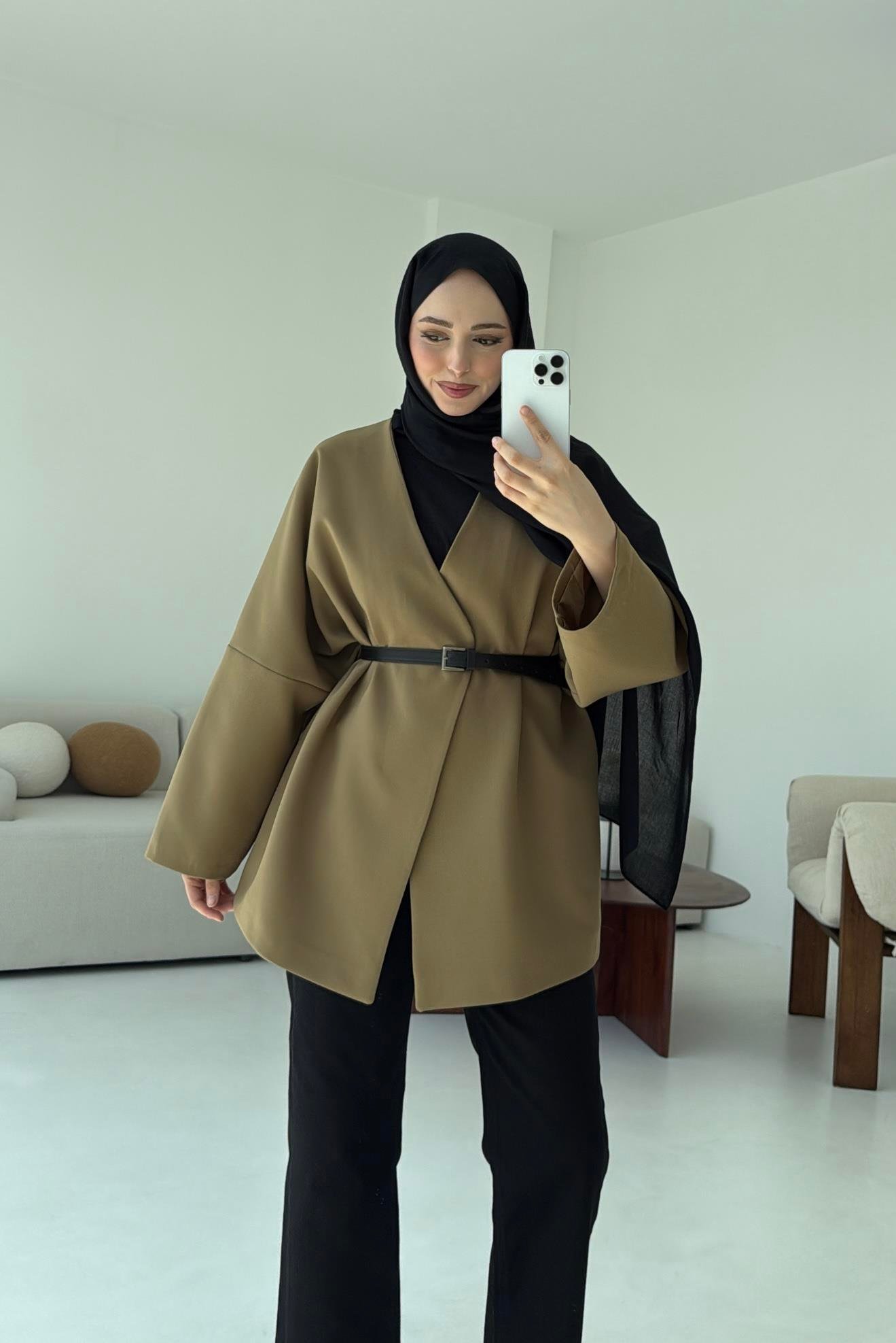 Deri Kemer Detay Oversize Ceket Olive