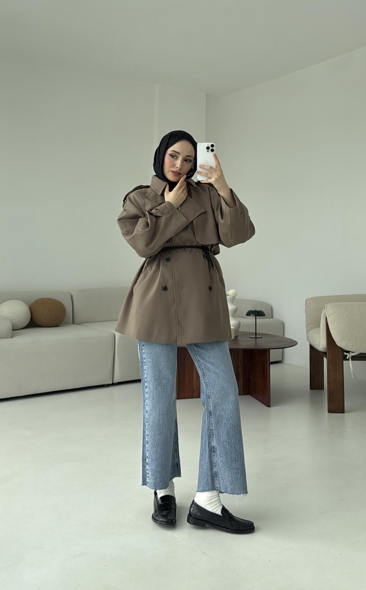 Deri Kemerli Trençkot Vizon