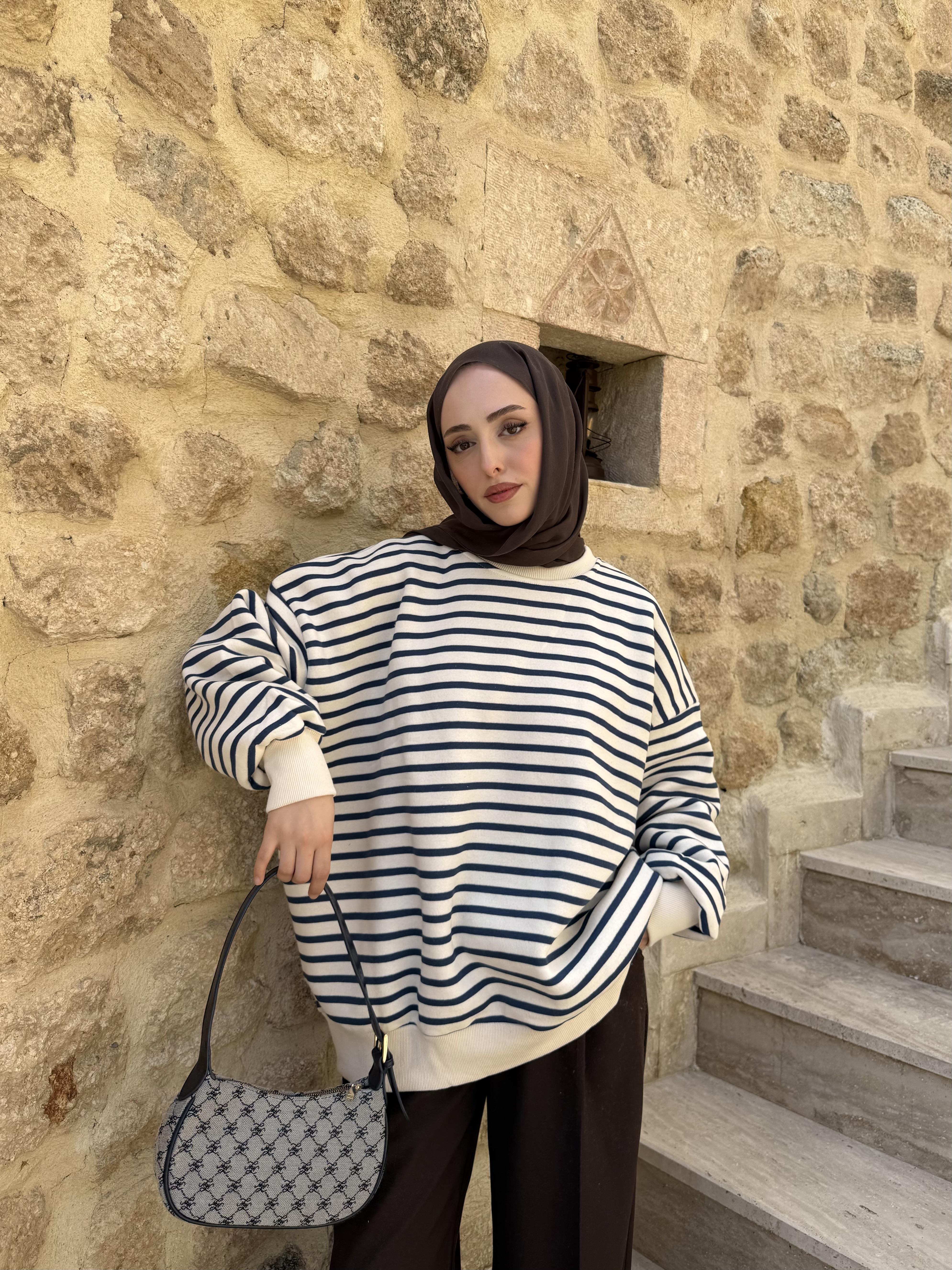 Çizgili Oversize Sweatshirt Lacivert