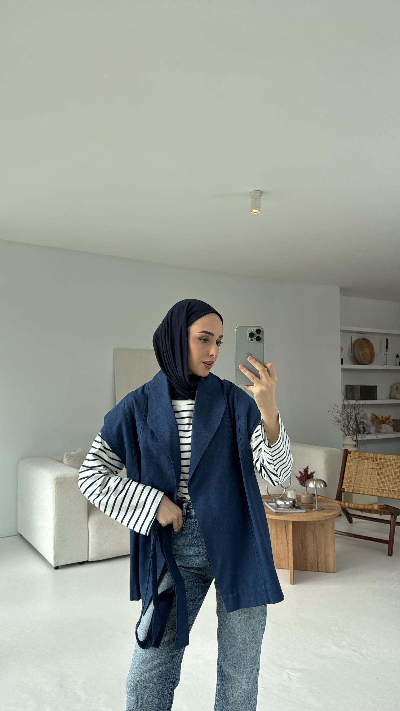 Pamuklu Gabardin Bağlamalı Yelek Lacivert
